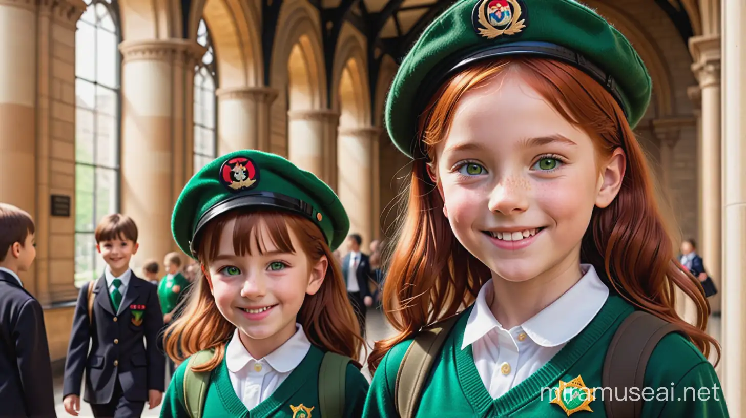 una niña de diez años, pelirroja, ojos verdes, una bonita sonrisa con una simpática separación entre los dientes  de enfrente, usa una boina verde que hace juego con su uniforme de jumper verde con blusa blanca, se encuentra caminando en en museo de historia natural y le sonrie a un chico de diez años con cabello de color negro, ojos castaños y uniforme cafe. 