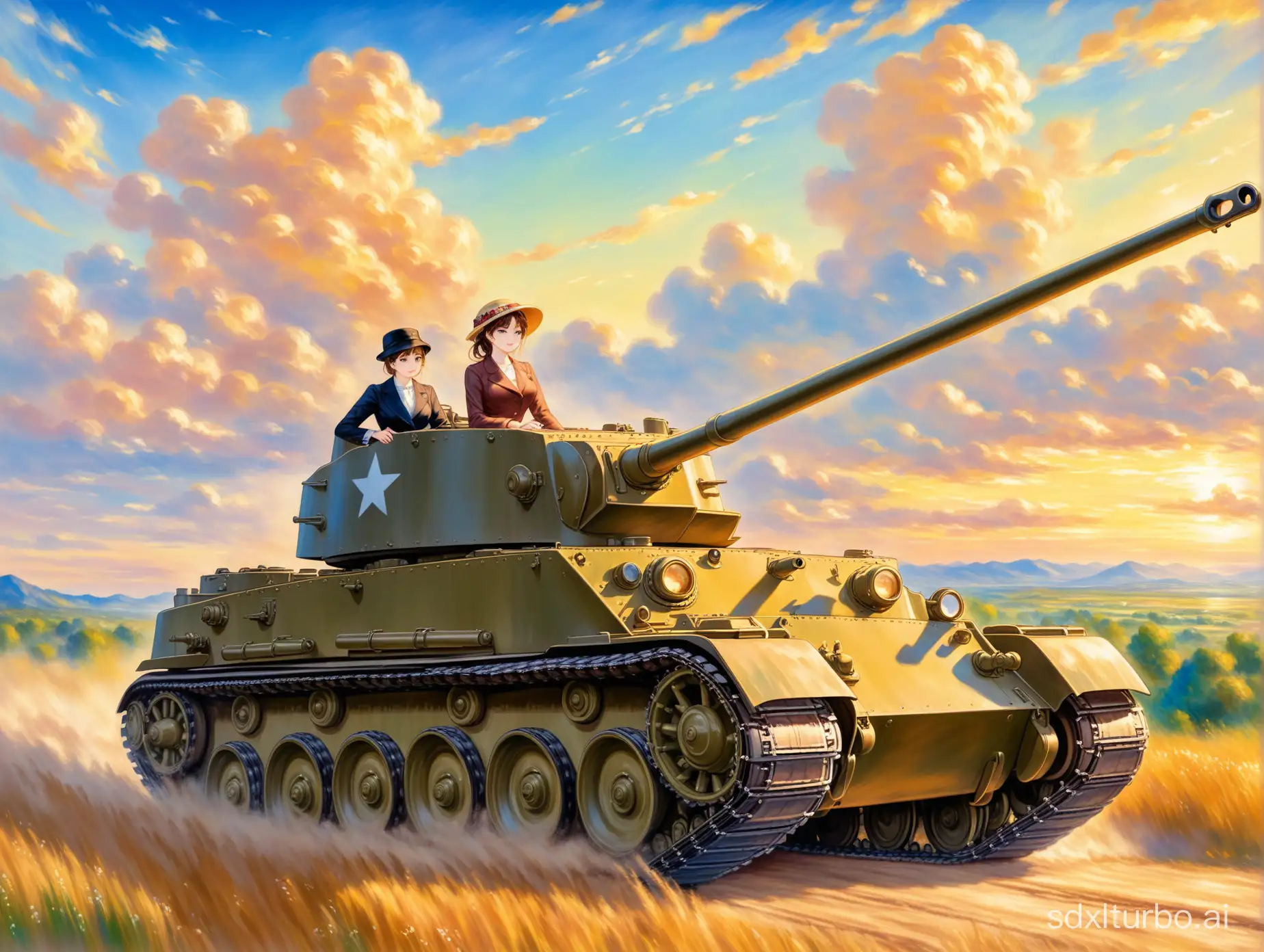 anime style majestic oil panting by auguste renoir, a woman in suit riding a m4 sherman tank, beautiful scenery