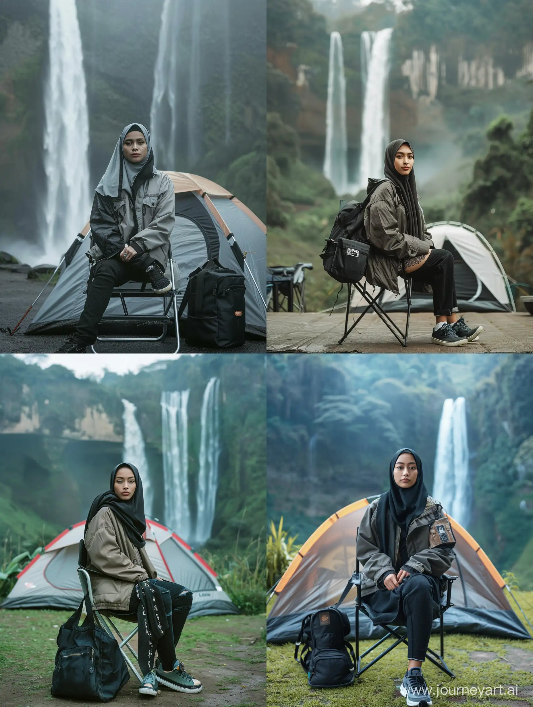 Stylish-Indonesian-Woman-in-Javanese-Hijab-by-Waterfall