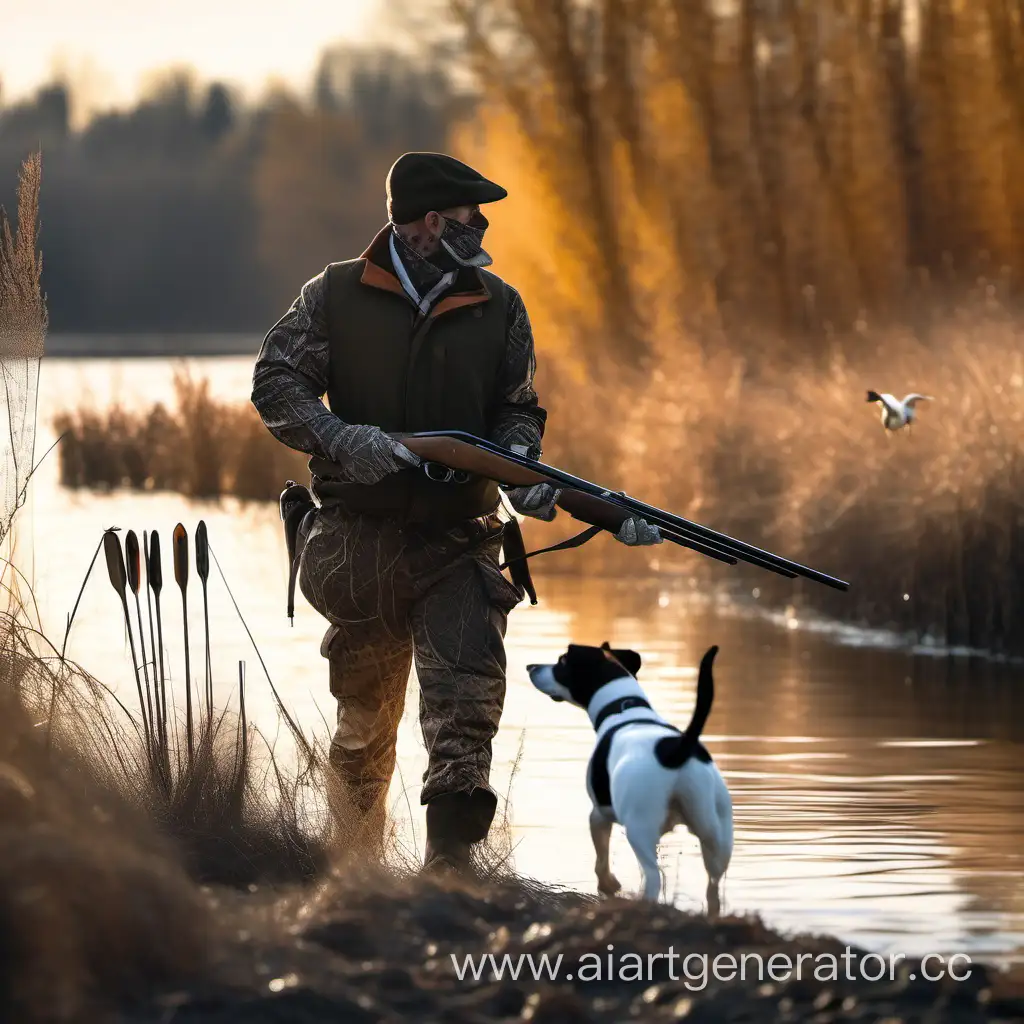 Охотник с ружьём 12 калибра и его собака породы Джек Рассел терьер бело черного цвета с коричневым цветом на мордочке охотятся на уток возле речки 