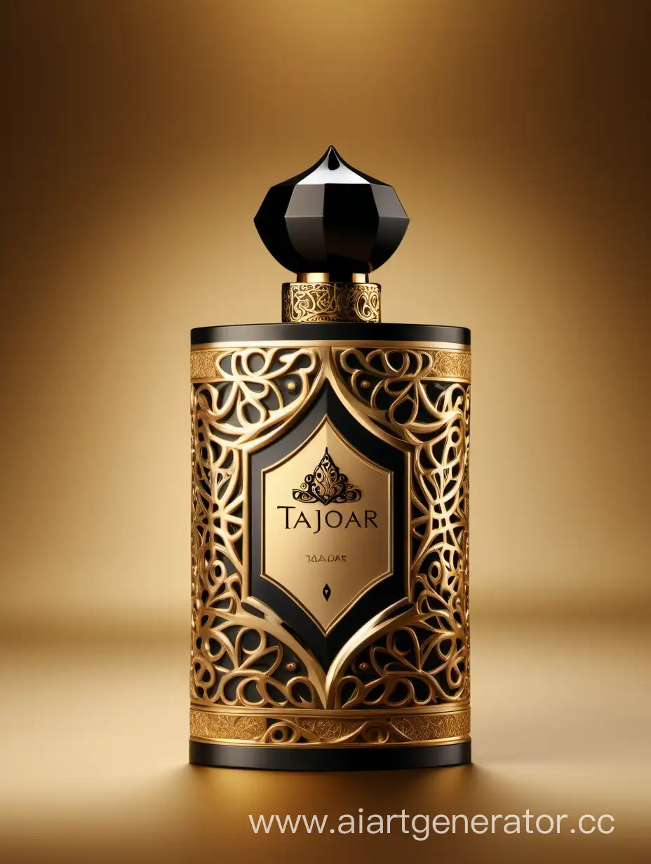 Box package design of perfume TAJDAR product, elegant, trending on artstation,   sharp focus,   studio photo,   intricate details,   highly detailed,   gold, Royal black and beige color on gold background