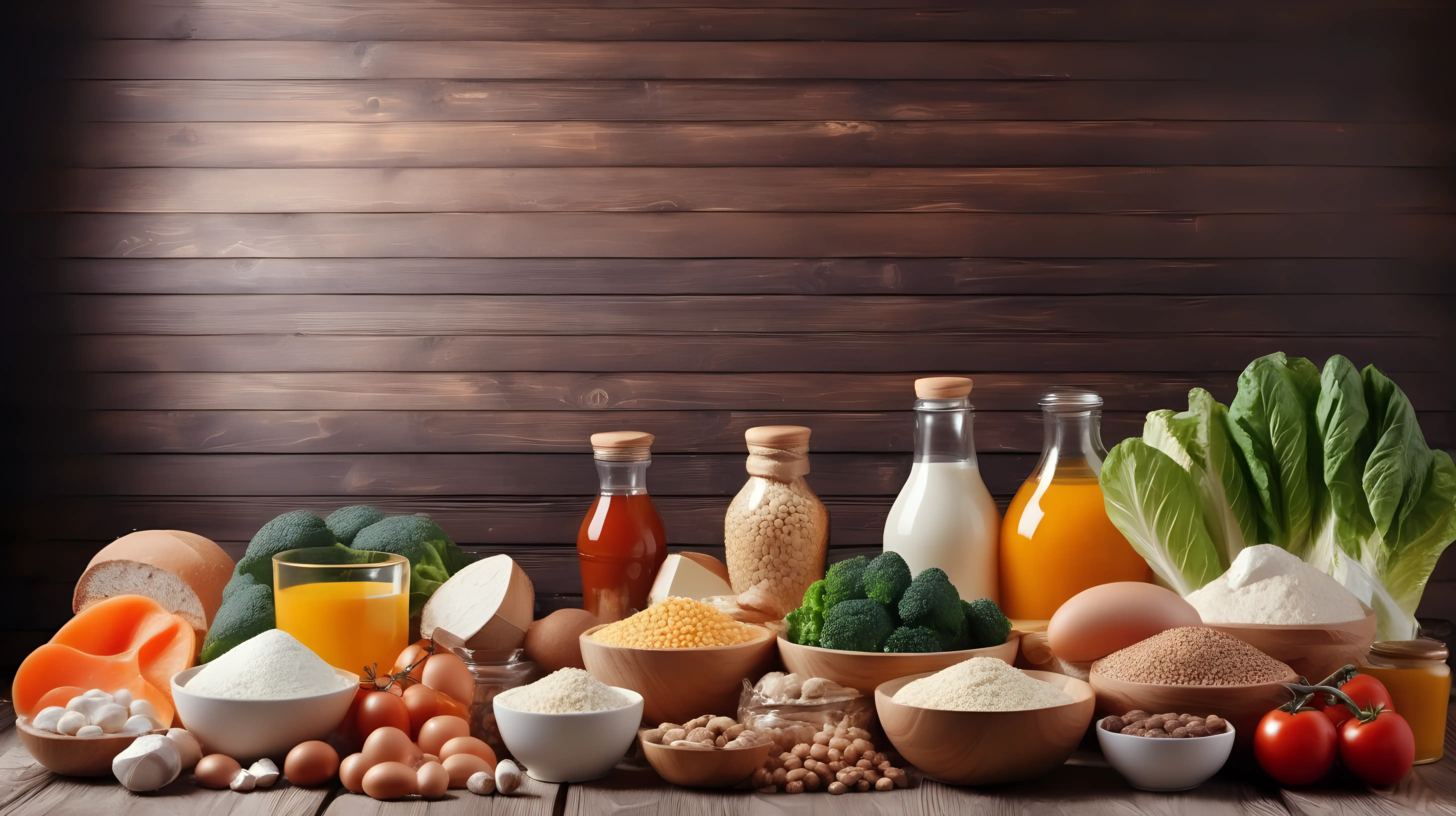 Composition with food products, ingredients of healthy diet, wooden background, copy space, photo shoot