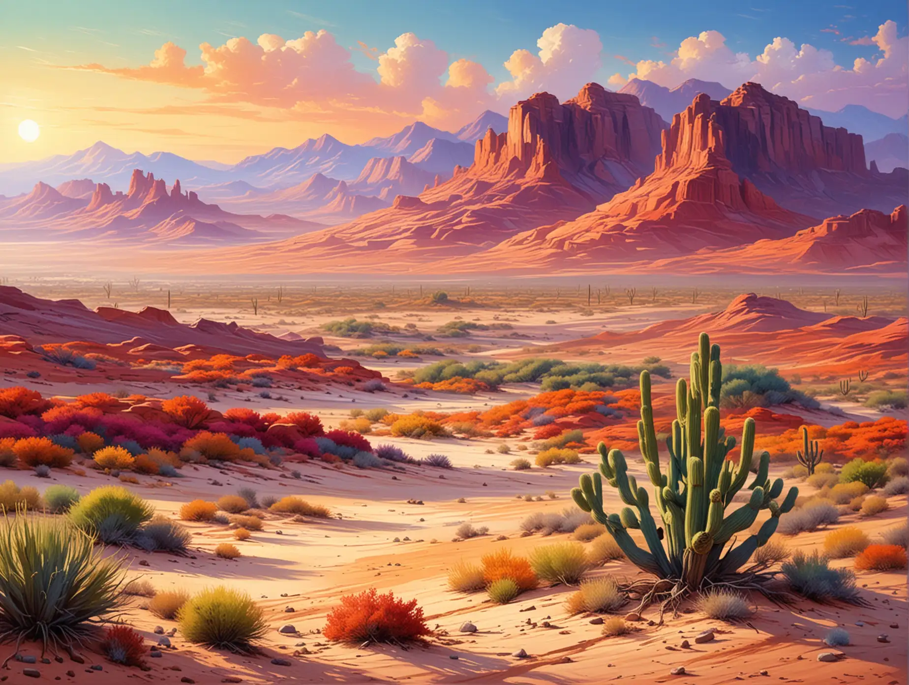 Vibrant Desert Landscape Painting with Diverse Flora and Fauna