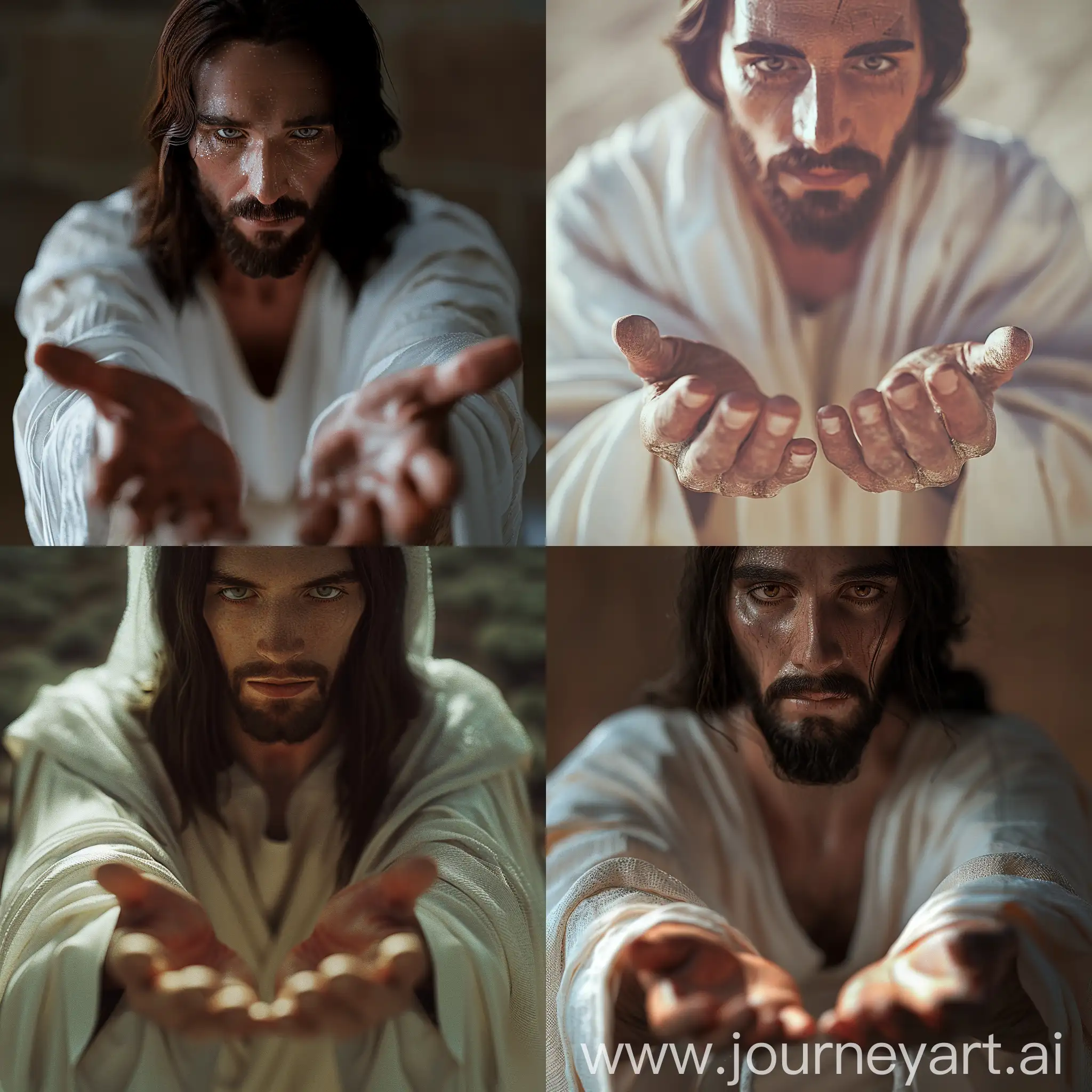 Jesus is holding out his hands, Jesus is looking directly into the camera, Jesus is standing very close, dressed in a white robe, computer graphics by Richard Hess, behance, excessivism, rtx, 4k, high resolution