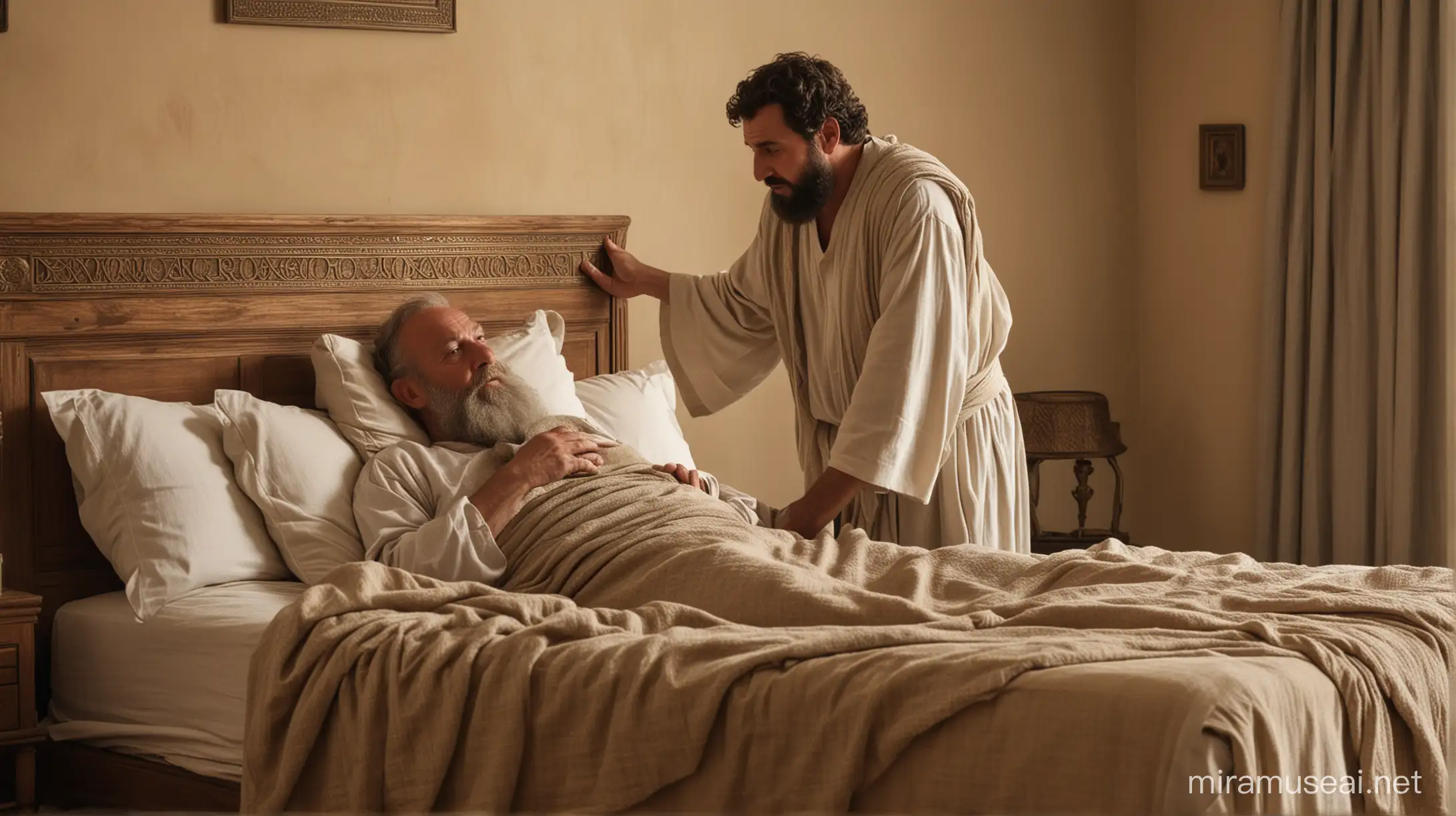 A very old Isaac lying in bed, blesses his 40 year old son Jacob who is standing beside the bed. Set in the Middle East during the era of the Biblical Abraham.
