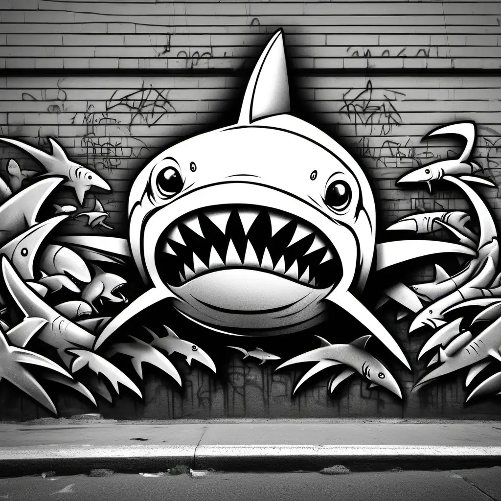 sharkman graffiti in city, no shading, no color, dark lines, no shading, coloring pages