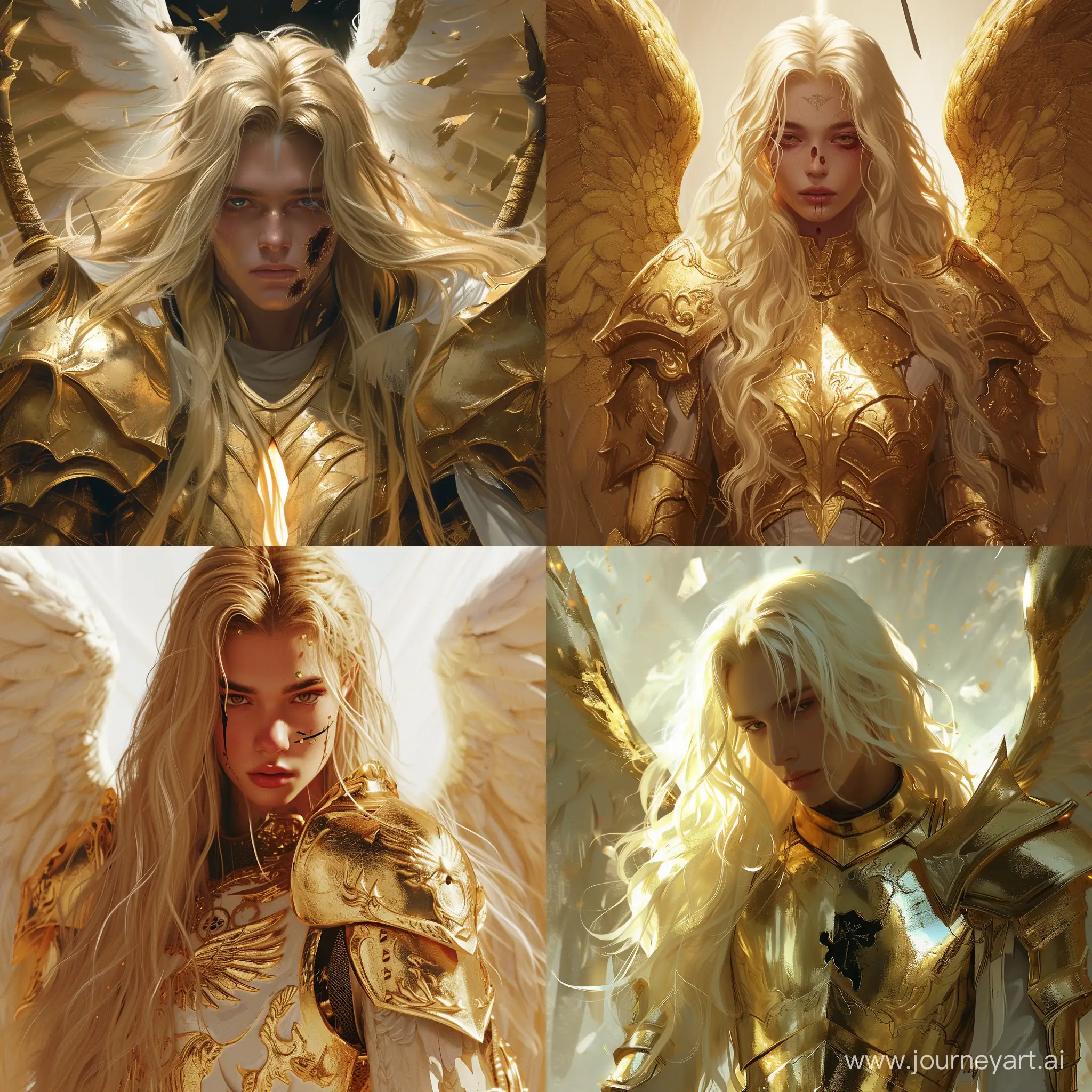 angel with golden armor, blond long hair and a hole in the face