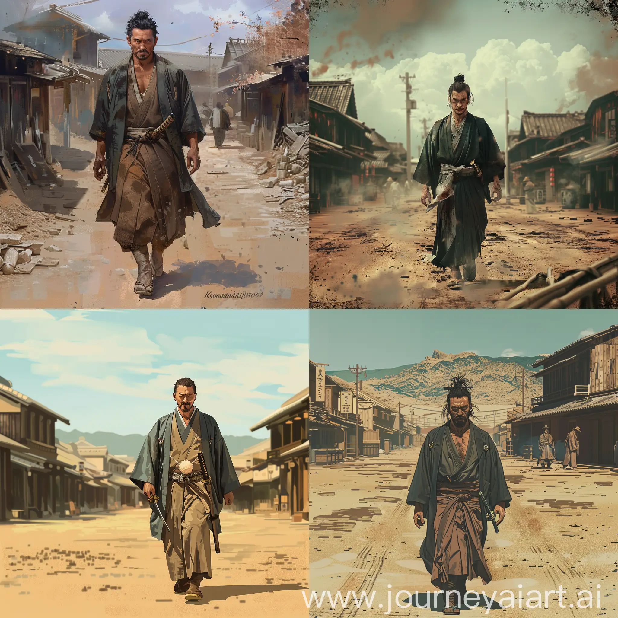 Illustration of a yakuza-like gambler in Edo period travel attire walking through a post town, with a short Japanese sword on his waist, with a stern face and figure. Drawing and photo of the historical drama Kogarashi Monjiro, based on the original work by Sasagawa Saho, with a deserted Edo period post town as the background, inspired motif (((Kogarashi Monjiro,, Kazuo Koike, the concept art is a masterpiece of precise detail and severity. The perspective chosen for the illustration is from the overall view of the scene to the right front perspective of a mid-to-long distance shot. Detailed illustration, hq, sharpfocus, smooth, cgstasion, Anime style