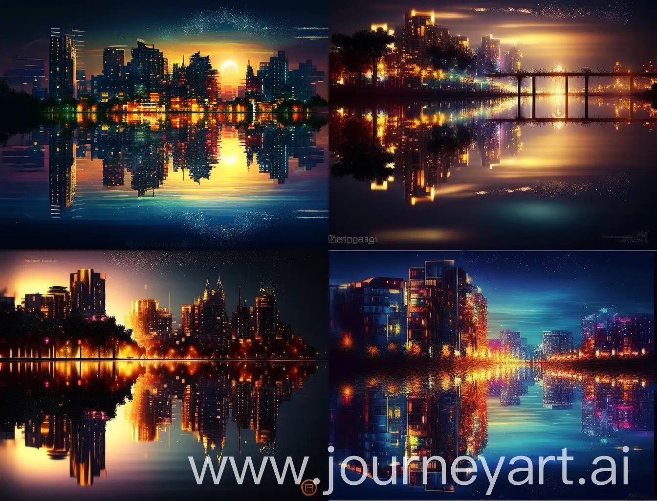 (Best Quality, Masterpiece: 1.2), Ultra-Fine, (Realistic, Realistic, Photo: 1.3), Reflection on the water surface, Outline of the city, Clear architectural lines, Reflected lights, Sparkling water surface, Tranquil water surface, Blur and reality of reflection, Prosperity and tranquility of the city, Color and light in reflection, Interweaving of reflection and reality, Reflection of the city on the water surface, such as picturesque, stunning beauty of the soul, gentle blue waters, spectacular skyline, complete buildings in the water, rich colors and details, Buildings and trees in reflection, Night view of the city, clear reflection, reflection in the water, like another world in the sky, full of magic of light and shadow and watermarks. High resolution: 1.5, high quality light processing: 1.4, unique angle: 1.2, film texture, high definition film.