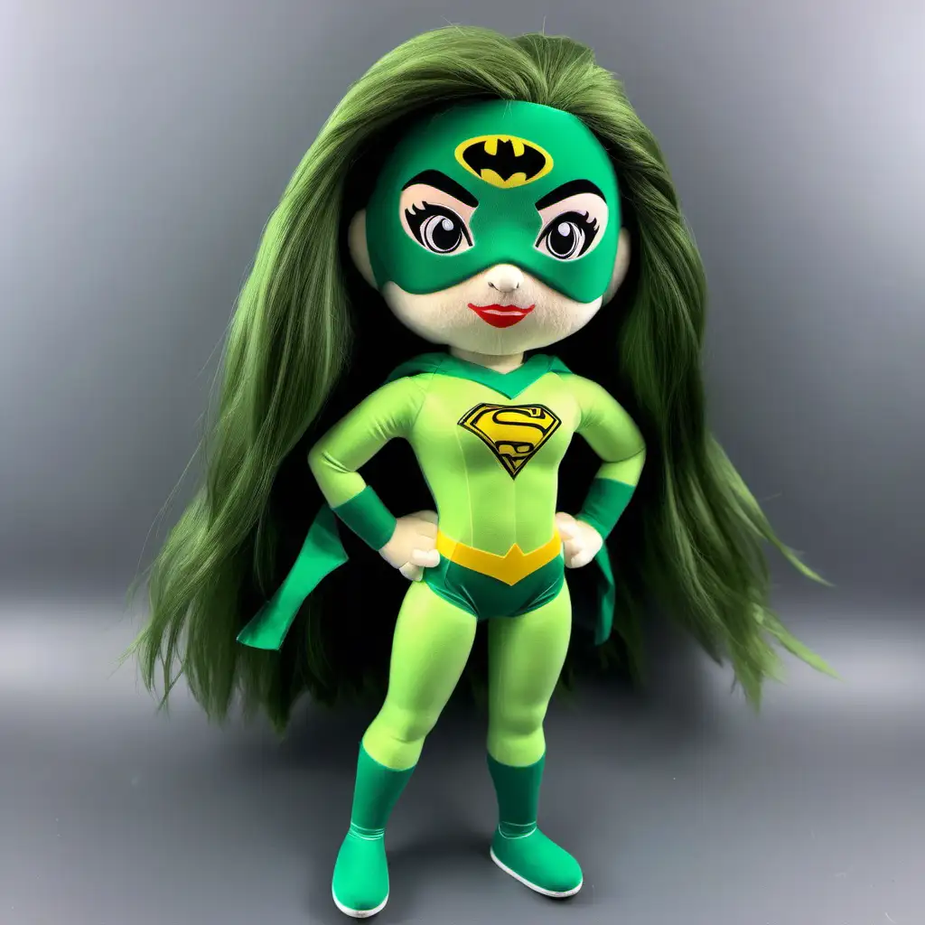 Adorable Superhero Plush Toy with Long Hair and Green Uniform Perfect Playtime Pal