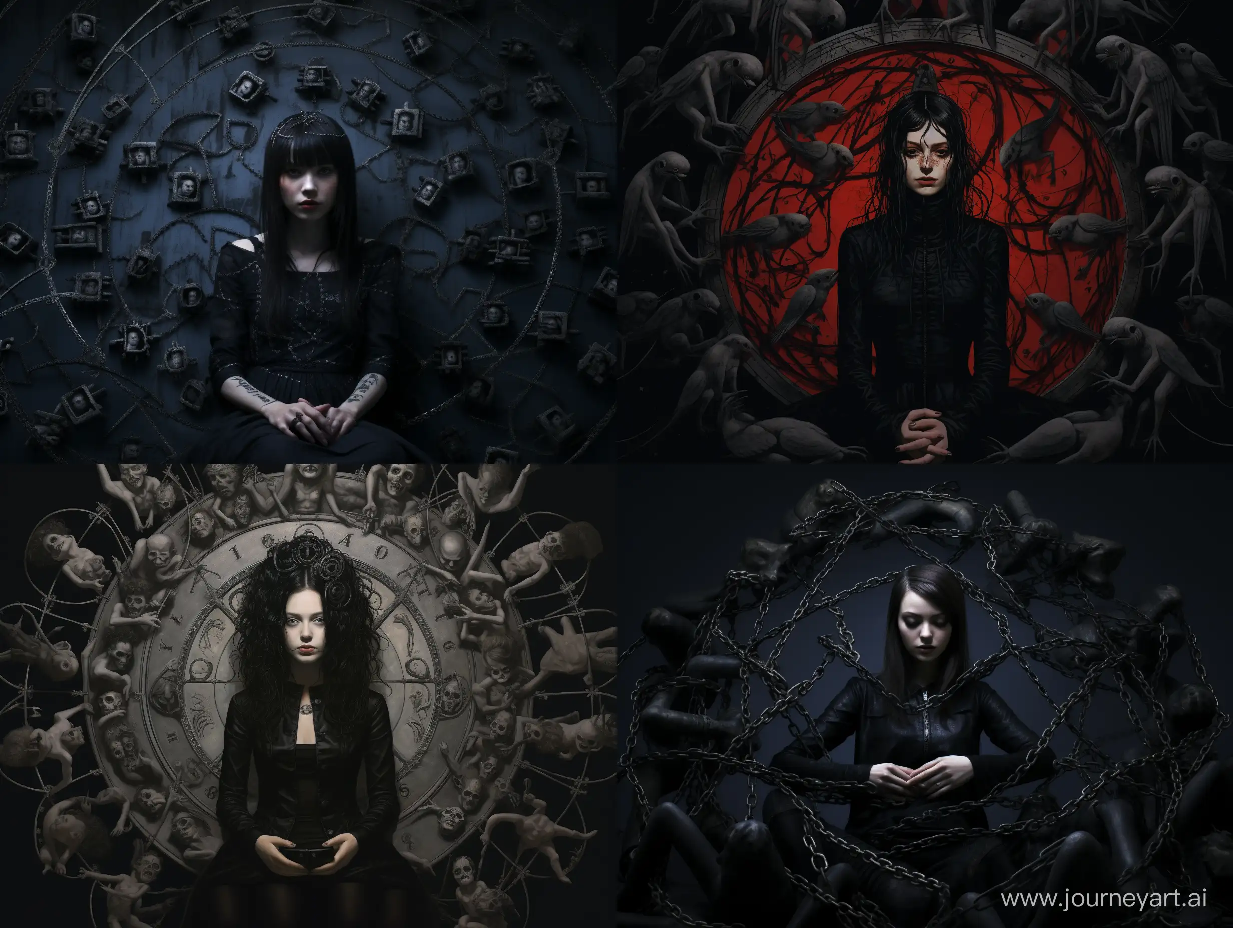 a girl giving names to all of her sins, they surround her in a circle dark colors, gothic style