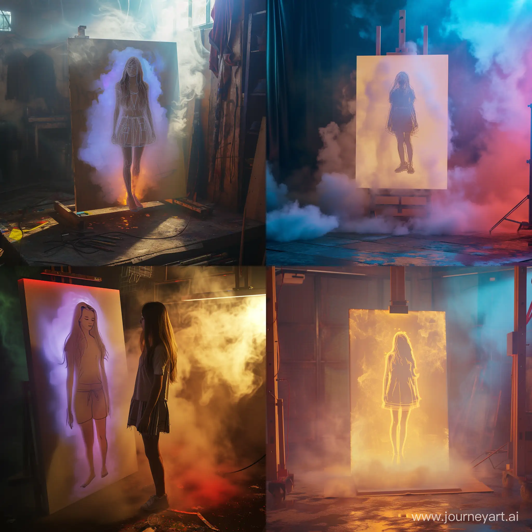 Realistic photo, full frame, Surreal, full length drawing of a young woman on canvas comes to life and gets out of an canvas, a drawing of a young woman glows on canvas, canvas in the artist's studio, colorful, dramatic lighting and shadows, fog, realistic rendering, high detail ,deep rendering of the background, hyperrealistic
