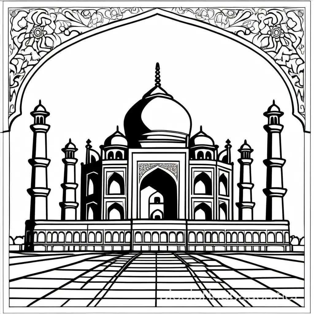 taj mahal
, Coloring Page, black and white, line art, white background, Simplicity, Ample White Space. The background of the coloring page is plain white to make it easy for young children to color within the lines. The outlines of all the subjects are easy to distinguish, making it simple for kids to color without too much difficulty