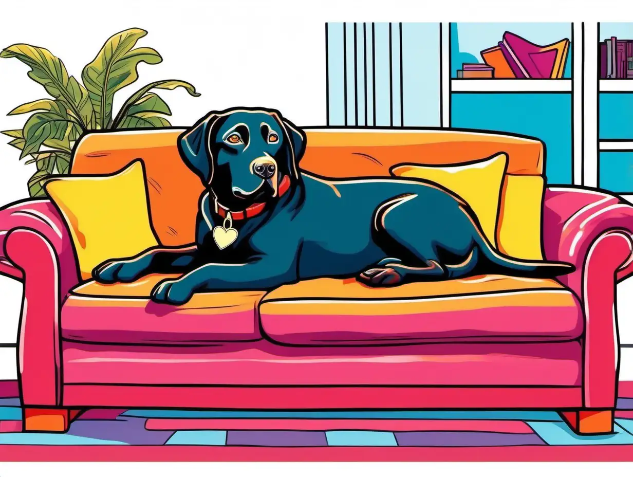 a cartoon character chocolate labrador retriever laying on a couch, no collar, in a cozy living room, vibrant color, white background, in the style of Peter Max