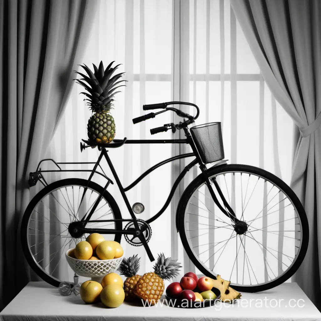 A classic still life with several fresh fruits in vases and one pineapple in a glass glass against the background of a large white bicycle wheel and white women's gloves hanging on it. With beautiful bike details and drapery. The old studio is dark gray in color. One universal light source. In the style of black and white photographs by IRWIN PENN.