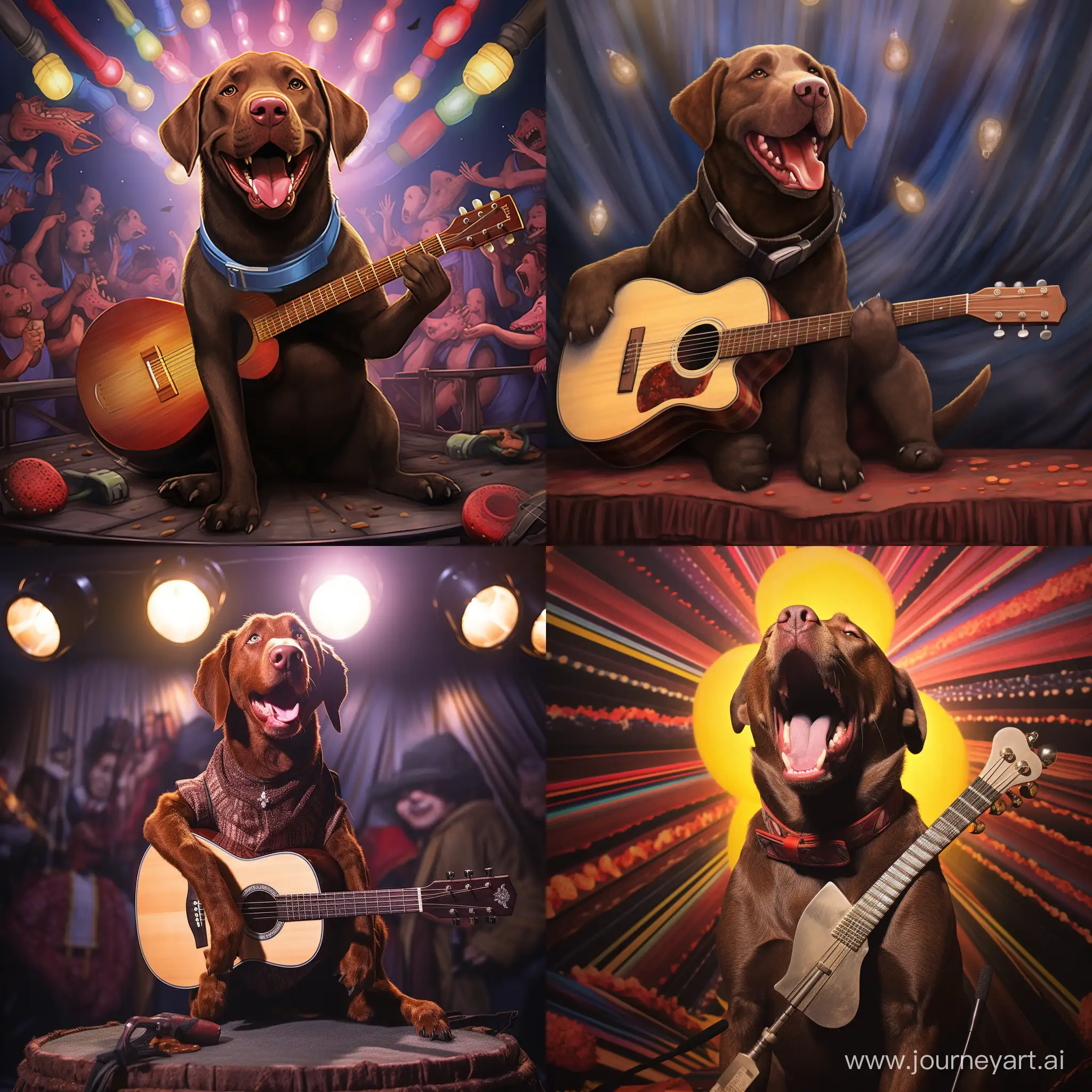 Chocolate lab singing and playing guitar on stage