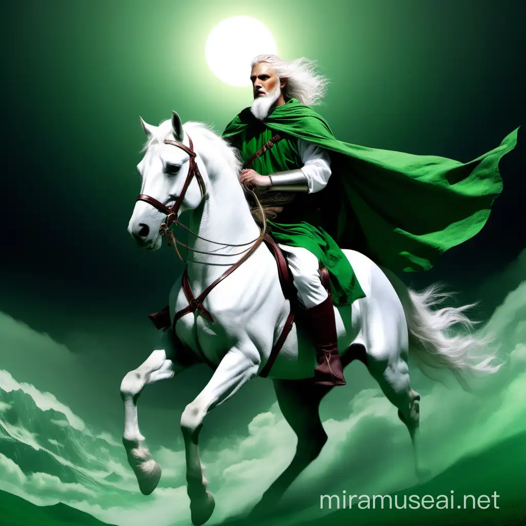 Majestic White Horse Rider in Green Garb