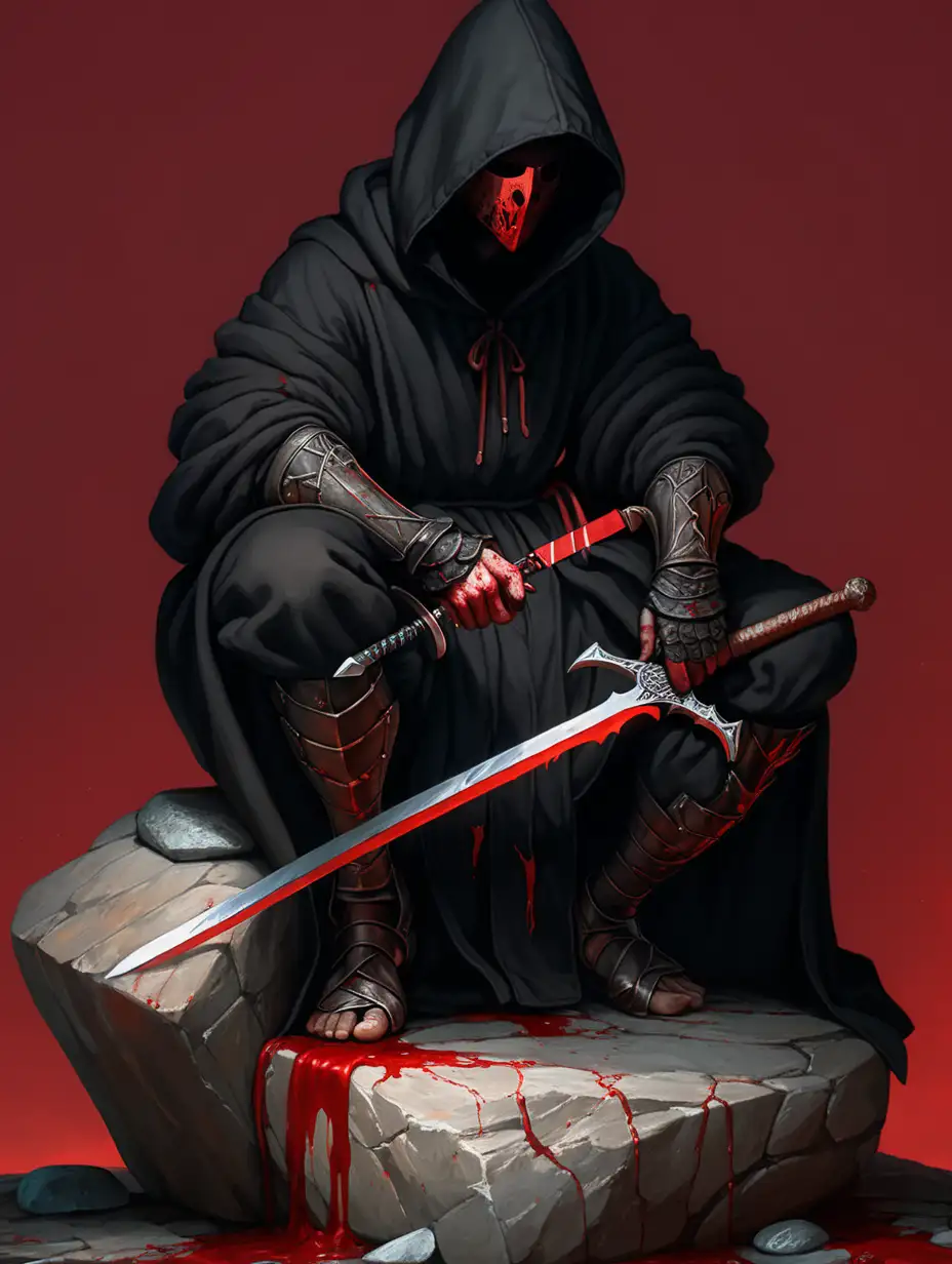 Human holding sword with two hands, sitting on stone, surrounded by rocks, wearing all black hooded robe, mask on, bloody, Renaissance, red background