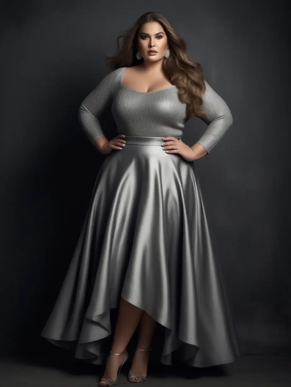 Stunning Plus Size Model in Metallic Silver Couture Evening Gown