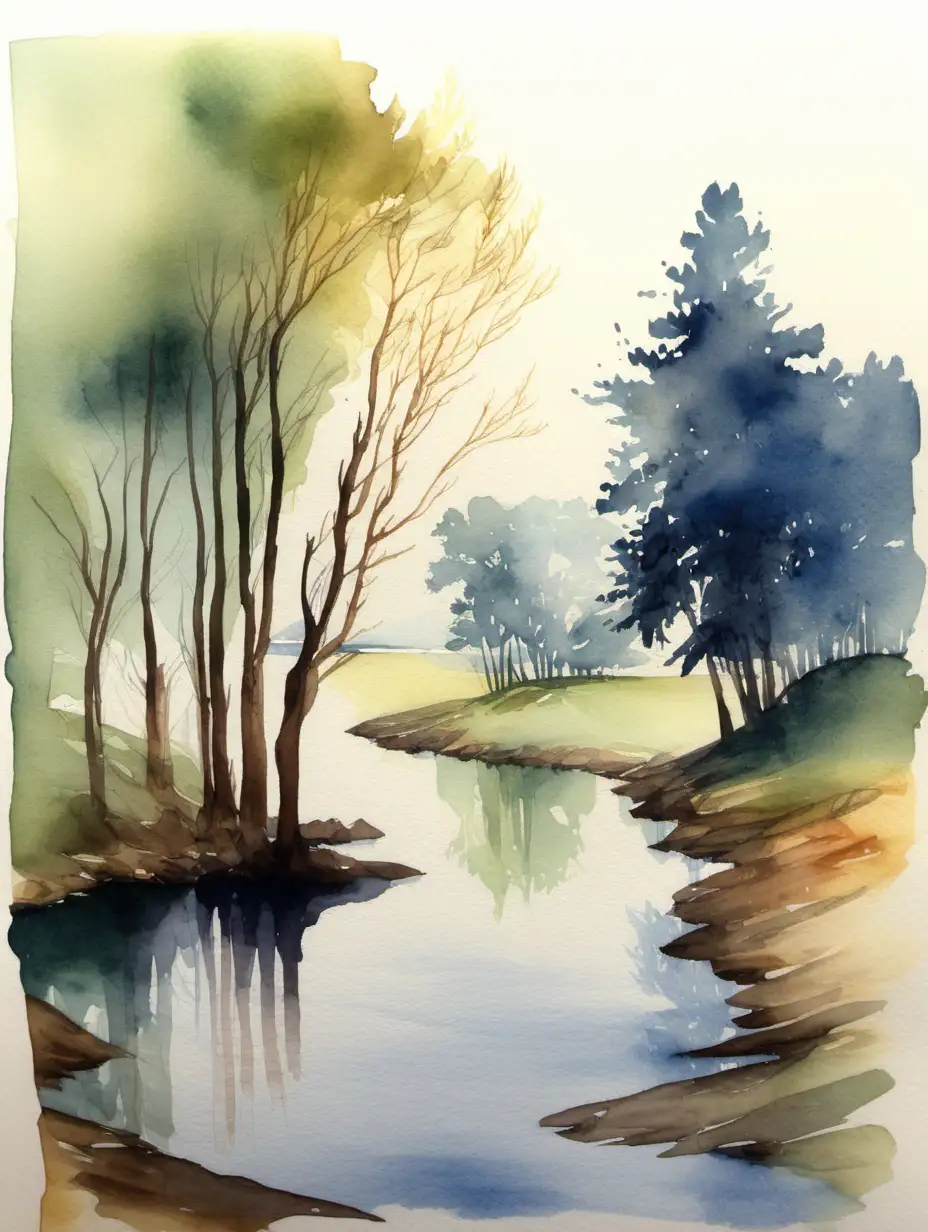 Serene Watercolor Landscape Tranquil Waters and Verdant Trees