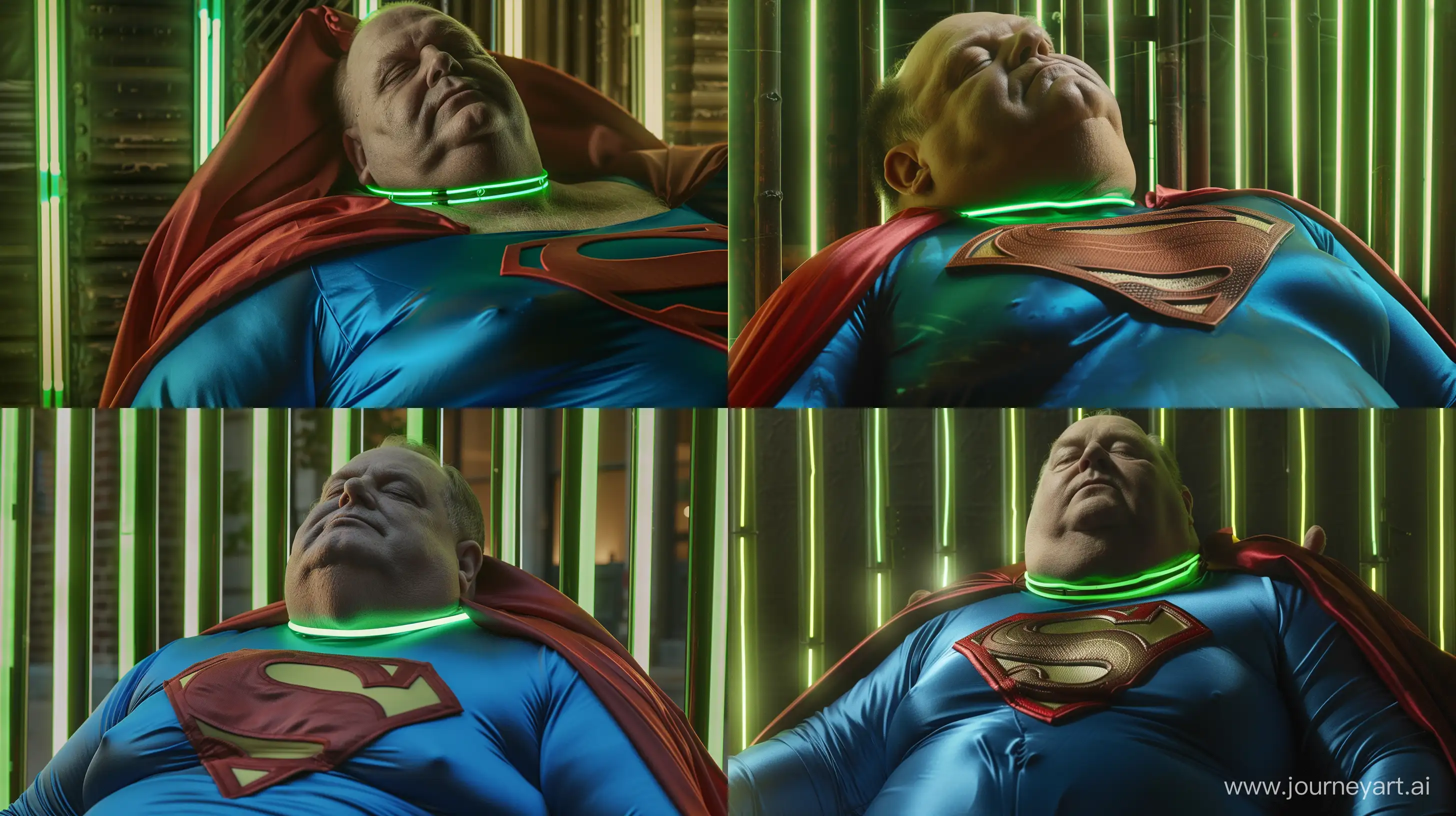 Elderly-Superman-Resting-in-Neon-Glow-Against-Green-Bars