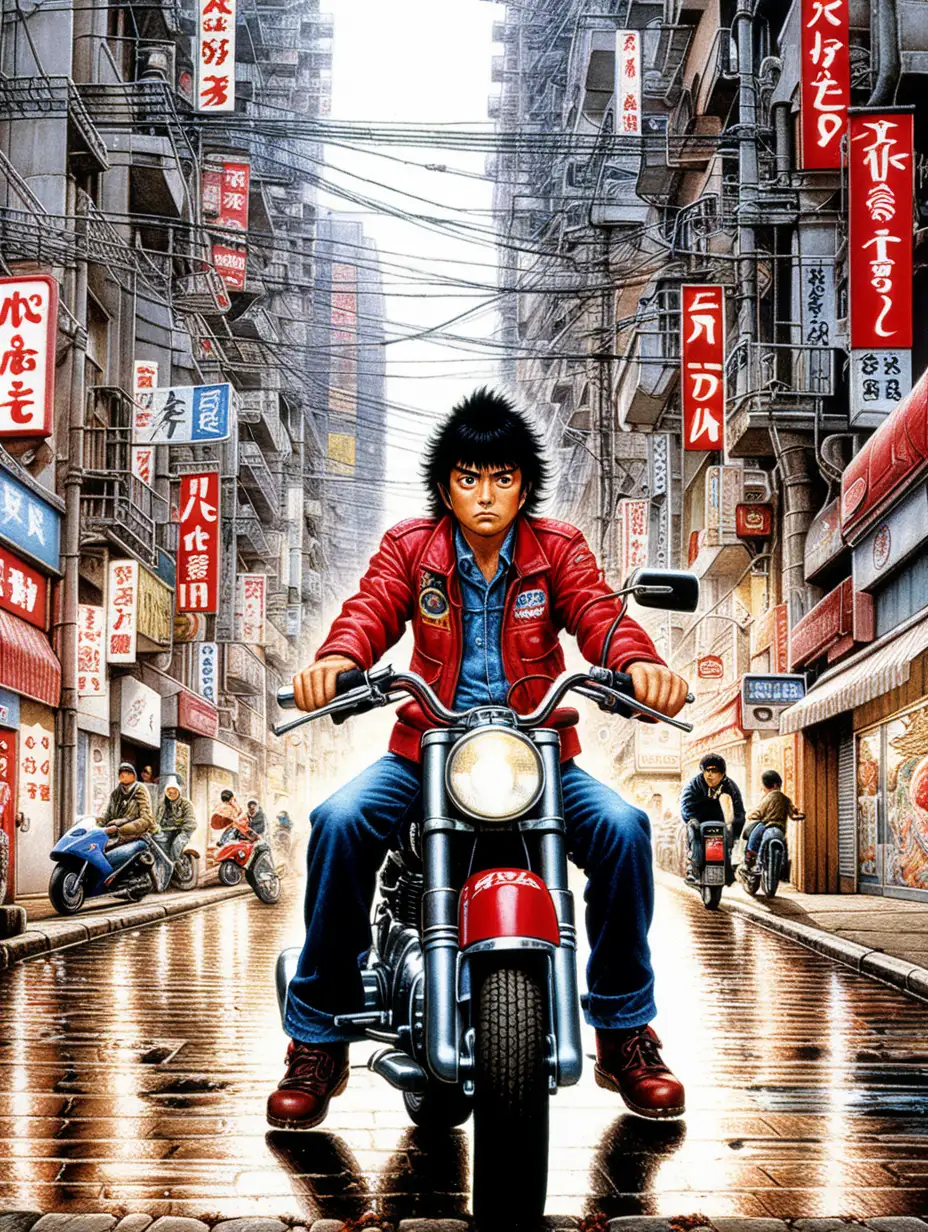 (cinematic lighting), Akira Otomo Katsuhiro, the visionary manga artist, enjoys a nostalgic ride on his iconic red motorbike bike, weaving through the urban landscapes that inspired his masterpieces, with the wind carrying the echoes of creativity and innovation, intricate details, detailed face, detailed eyes, hyper realistic photography,