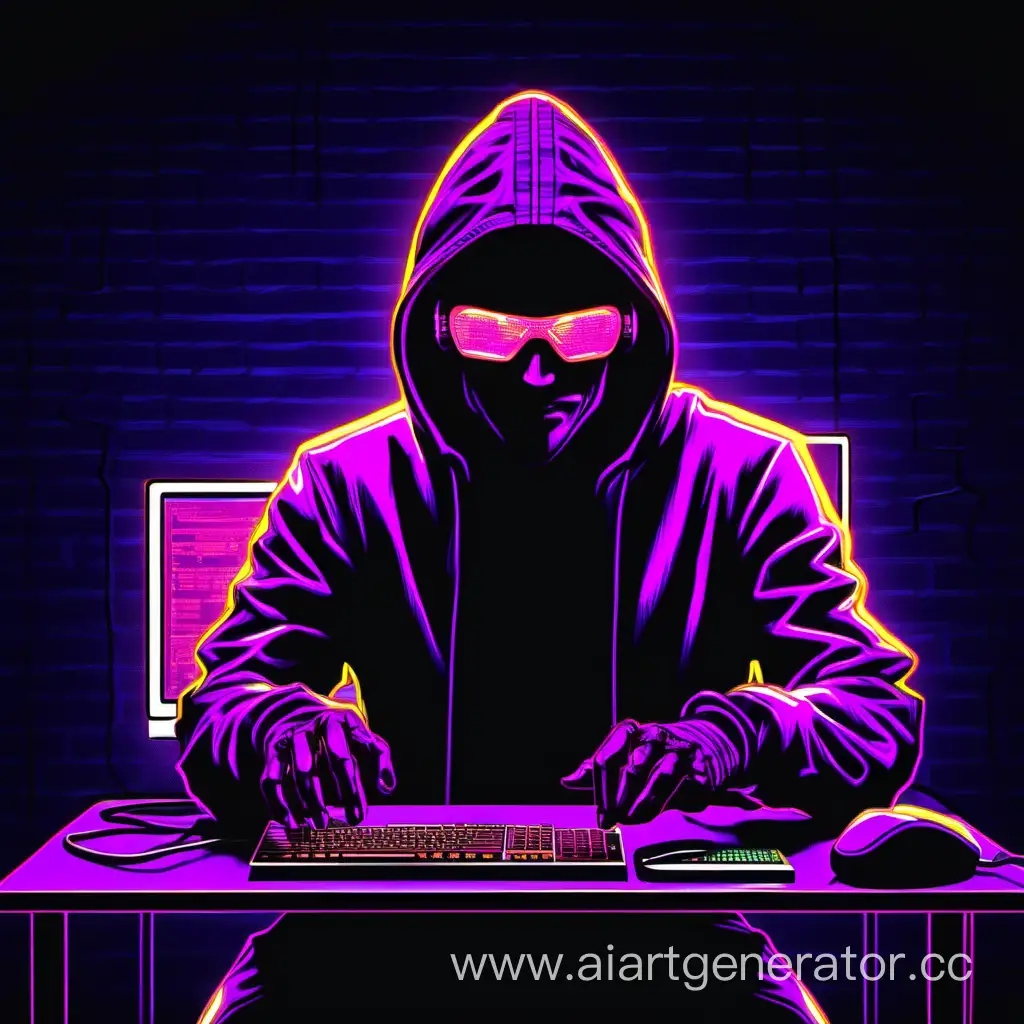 хакер за компьютером, вид спереди, неоновое изображение