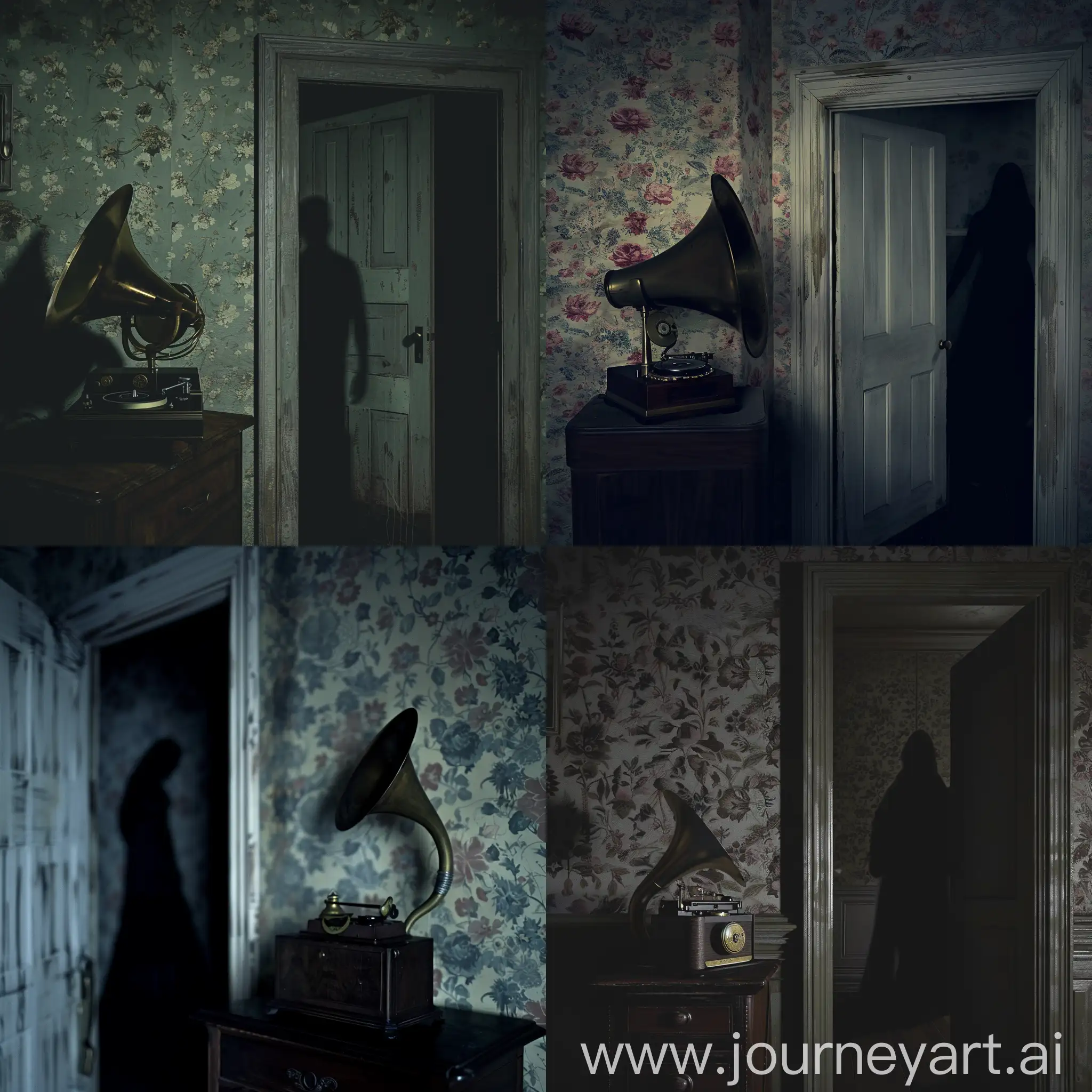 In a dimly lit nursery room, the walls embrace a sense of nostalgia with their vintage floral wallpaper. A mysterious door stands ajar, revealing only darkness beyond. The silhouette of a figure looms behind the door, partially obscured by shadows. An antique gramophone sits in the corner, its brass horn reflecting the faint light, adding a touch of eerie elegance to the scene. This image evokes a haunting blend of fear and intrigue, captivating the viewer with its classic allure