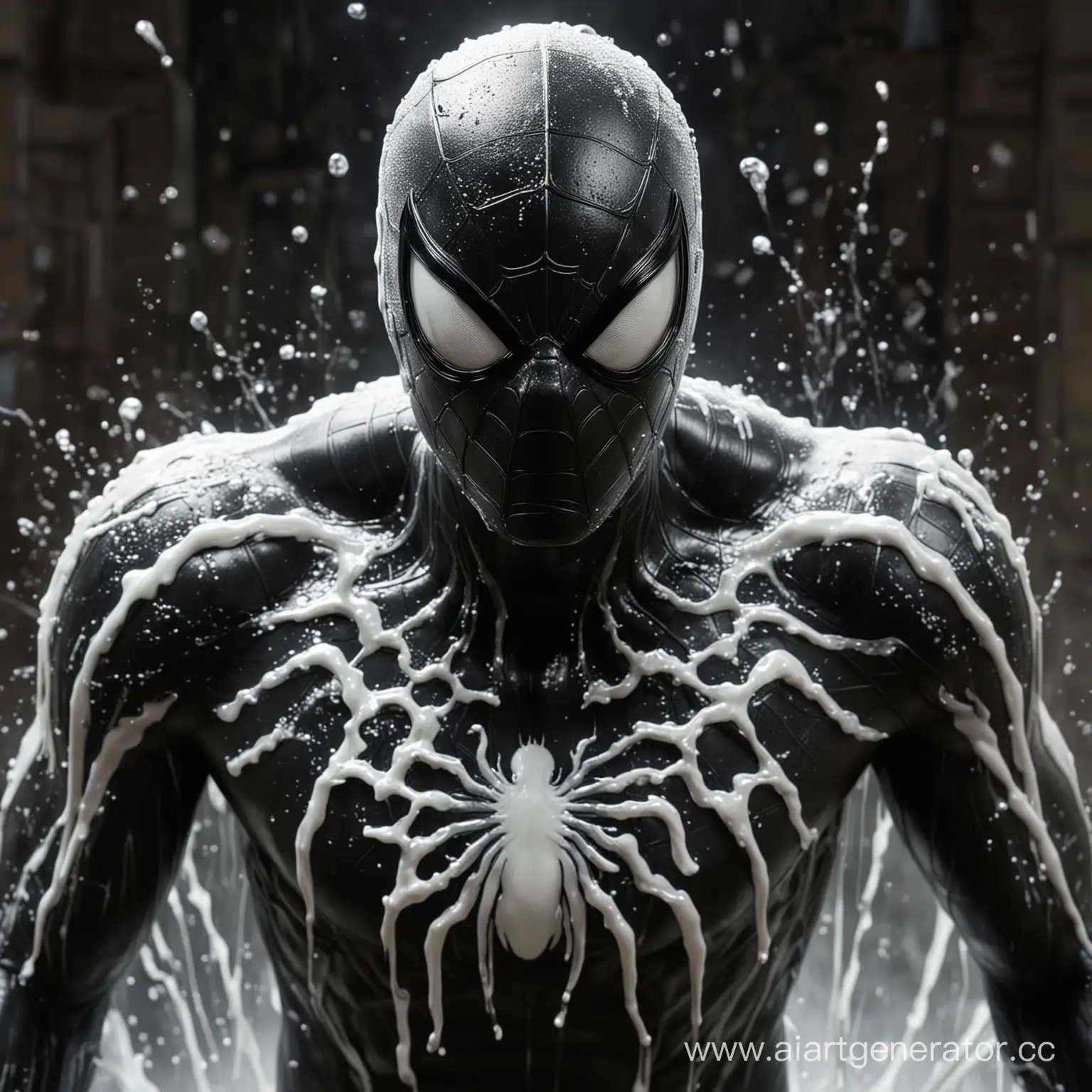 蜘蛛侠3，黑色的蜘蛛侠恶霸邪欲的眼神，身上残流着白色的液体