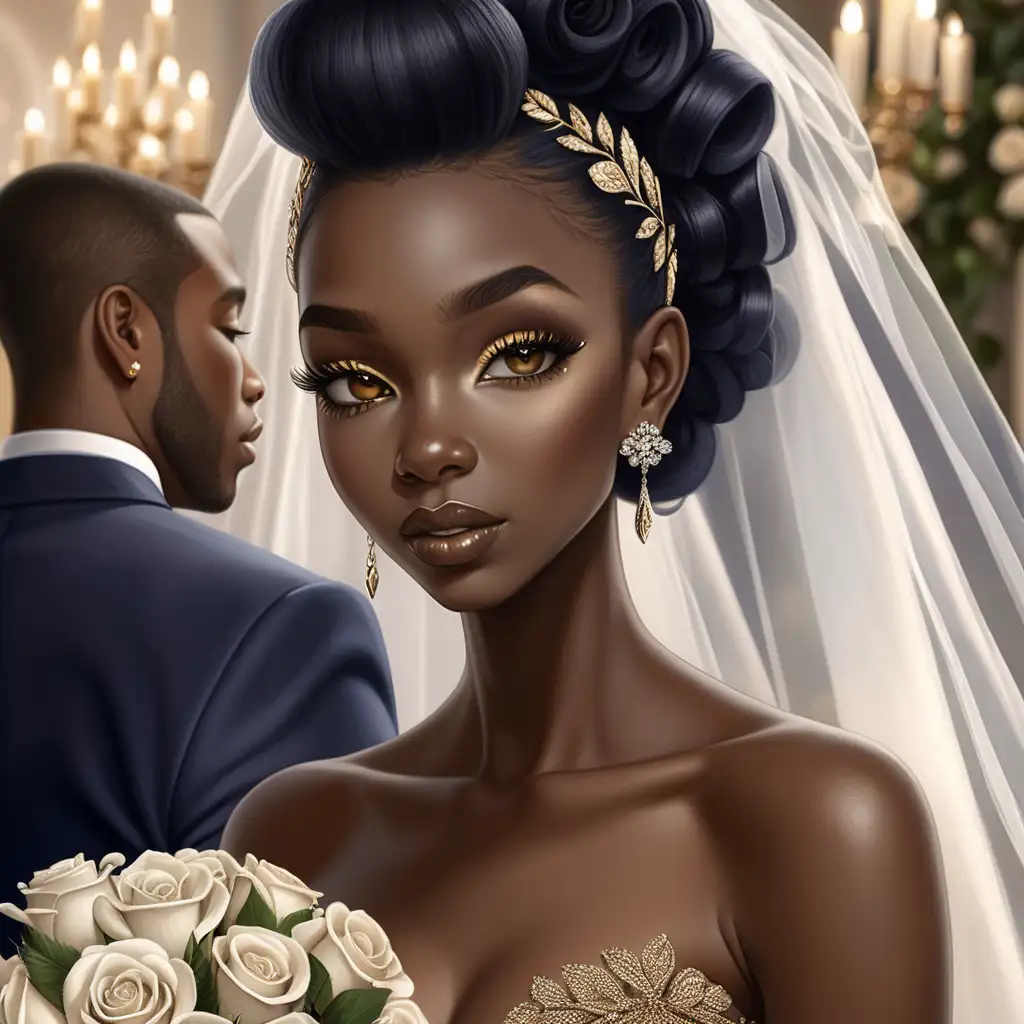 create a dark skin complexed African-American female with a pinned up hairstyle, a veil on, stud gold earrings, long lashes, navy blue wedding dress with a split up her thigh, gold accessories, holding white roses, white medium length nails, in black heels, light hazel eyes with people in the background of her wedding