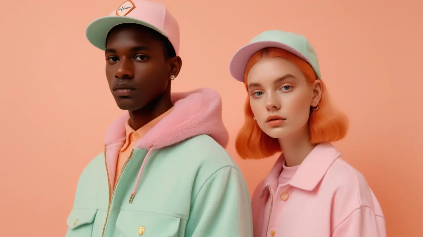 pastel vogue photoshoot of a cute couple in Wes Anderson Style pastel modern streetwear --ar 2:3 