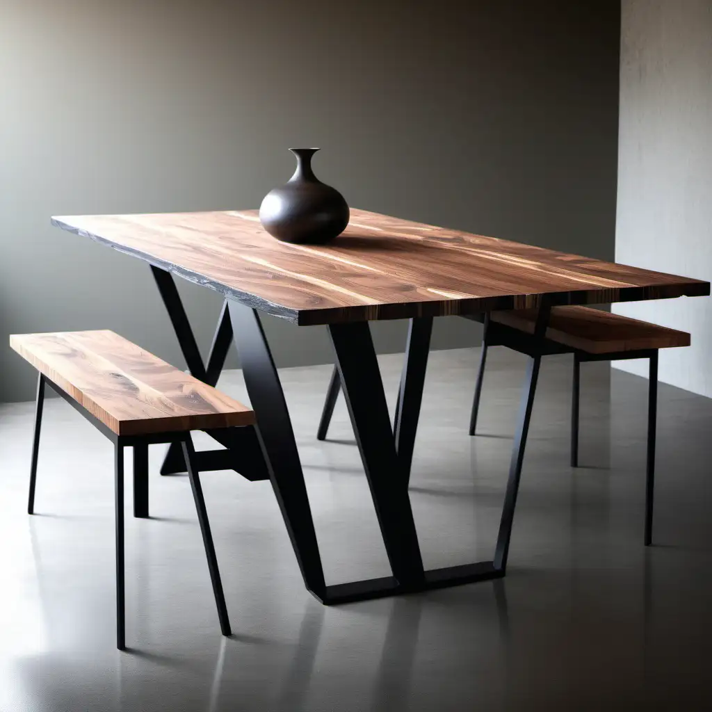 ontwerp een moderne eettafel met een houten blad en een ijzeren onderstel