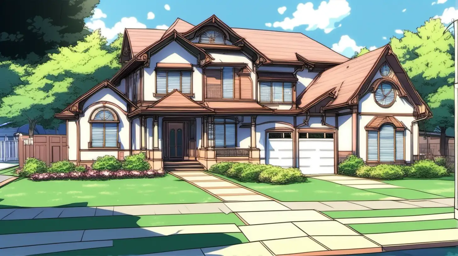 in anime style, an image of a beautiful home in a suburban neighborhood