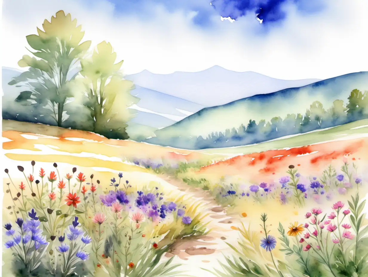 Watercolor Painting of Wildflower Field Landscape