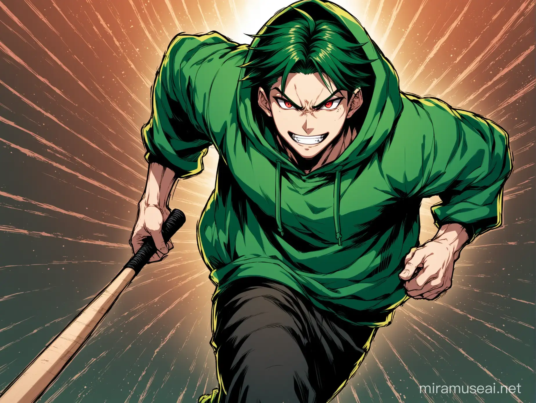 An image of an anime male, evil, criminal character who is running with a baseball bat. He is evil, criminal, dark green headed, dark green hoodie, red bright eyes, wearing green hoodie, dreadful smile and running with a baseball bat. Add manga and anime speedlines with background of dark green contrasts and vibe. The character is slim wear dark green hoodie and long dark green headed