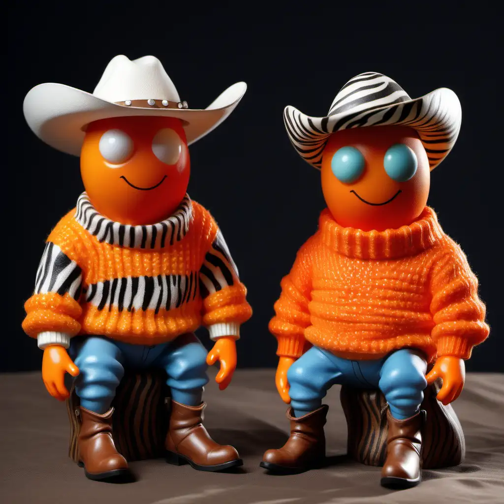 two egg-shape  color blobs, with small arms and legs, each wearing orange color sweaters, both with cowboy hats, both sitting on a zebra