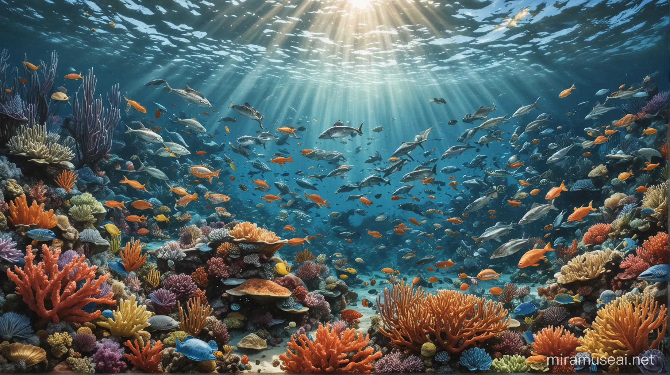 Vibrant Underwater Scene Teeming Marine Life and Sunlit Coral Reefs