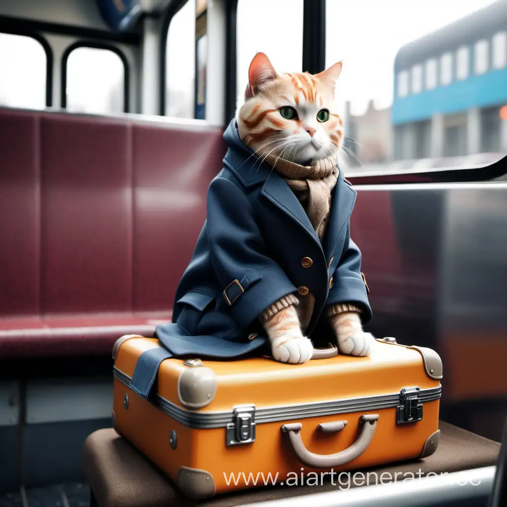 realistic cat in a coat with a suitcase sits on a bus