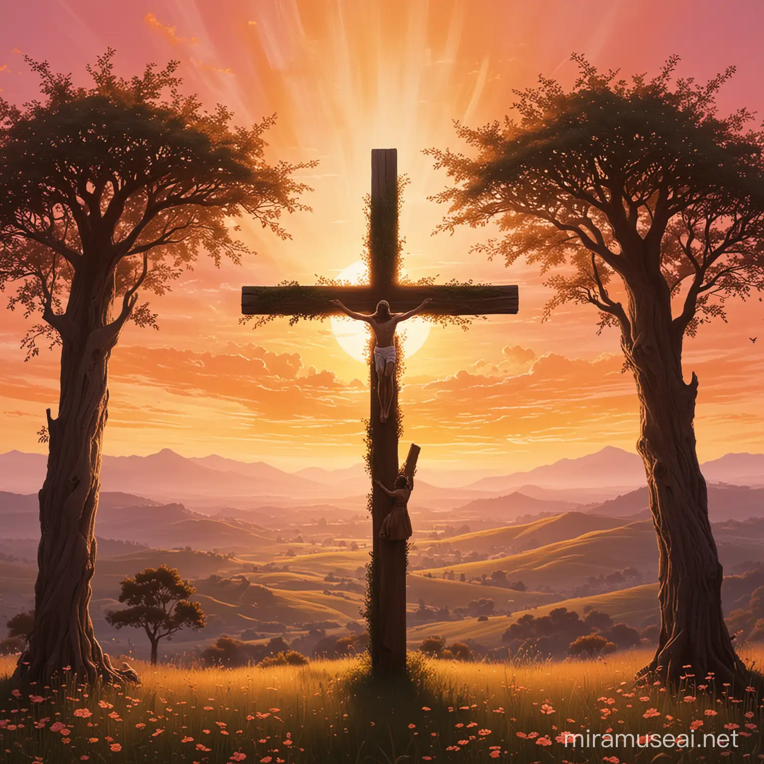 Divine Love Tranquil Sunset Landscape with Cross Silhouette