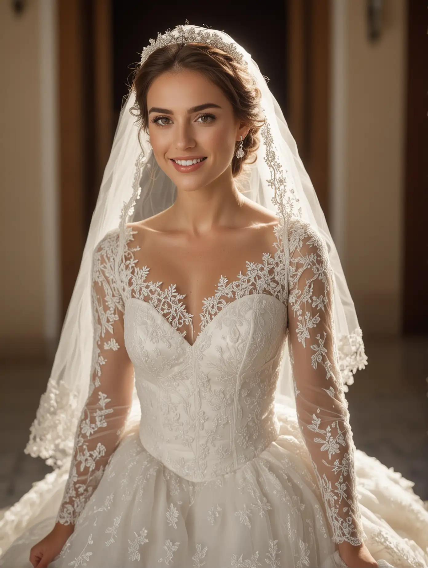 Spain， with neat teeth, the beautiful bride wears a wedding dress and holds flowers. She has elegant makeup, exquisite facial features, professional photography effects, and a face that glows with joy. Her gown was veiled and featured delicate lace details and a tulle skirt，full-body shot