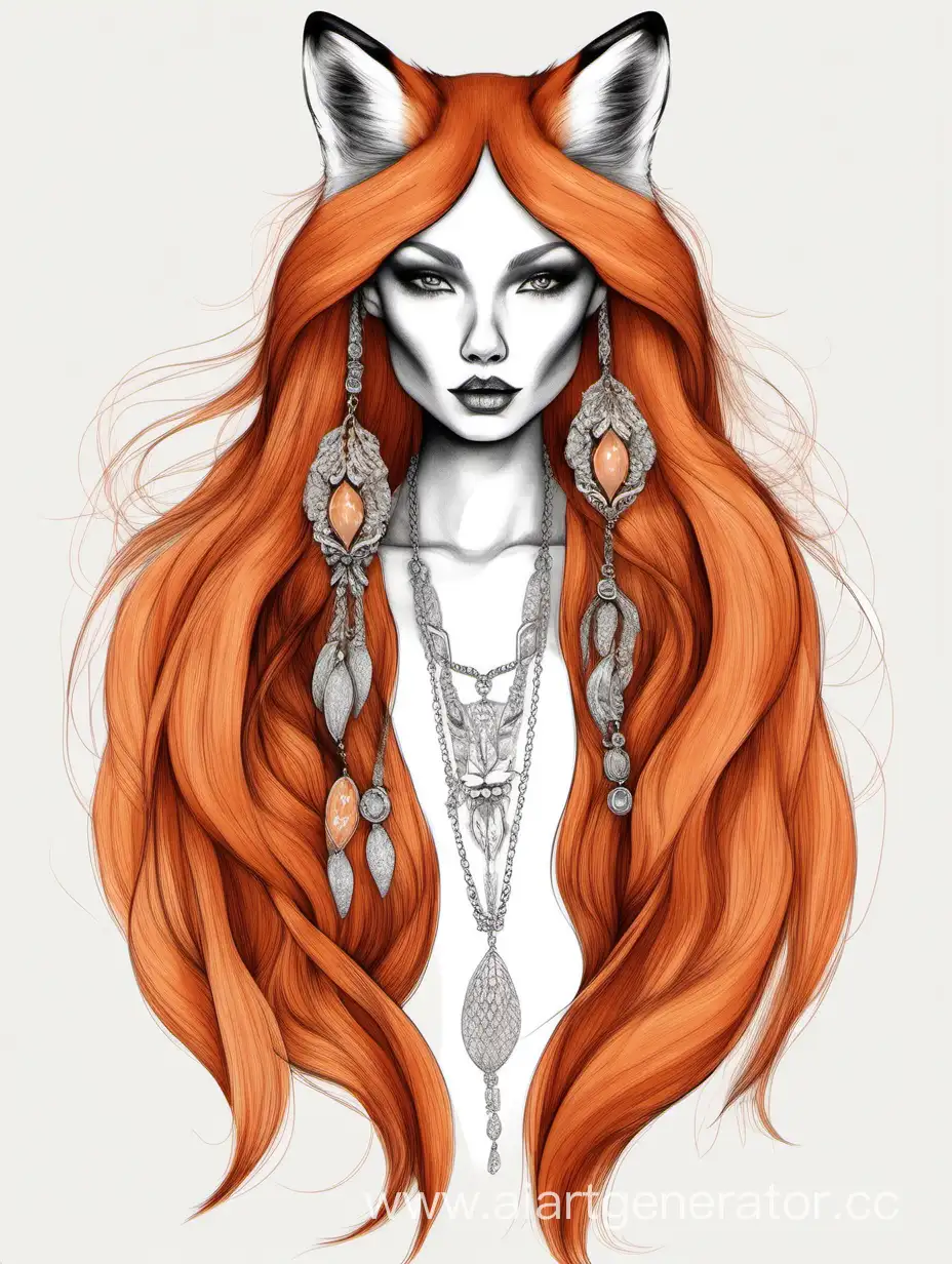 Фешн-иллюстрация, лиса с длинными волосами делает ожерелье