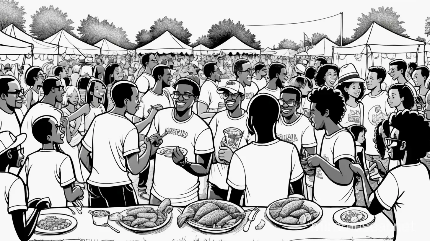 Create a Calvin and Hobbs style of a hand-drawn cartoon image of lots of Black people enjoying a community festival, eating fried fish, make the background white so that is easy to remove on Photoshop