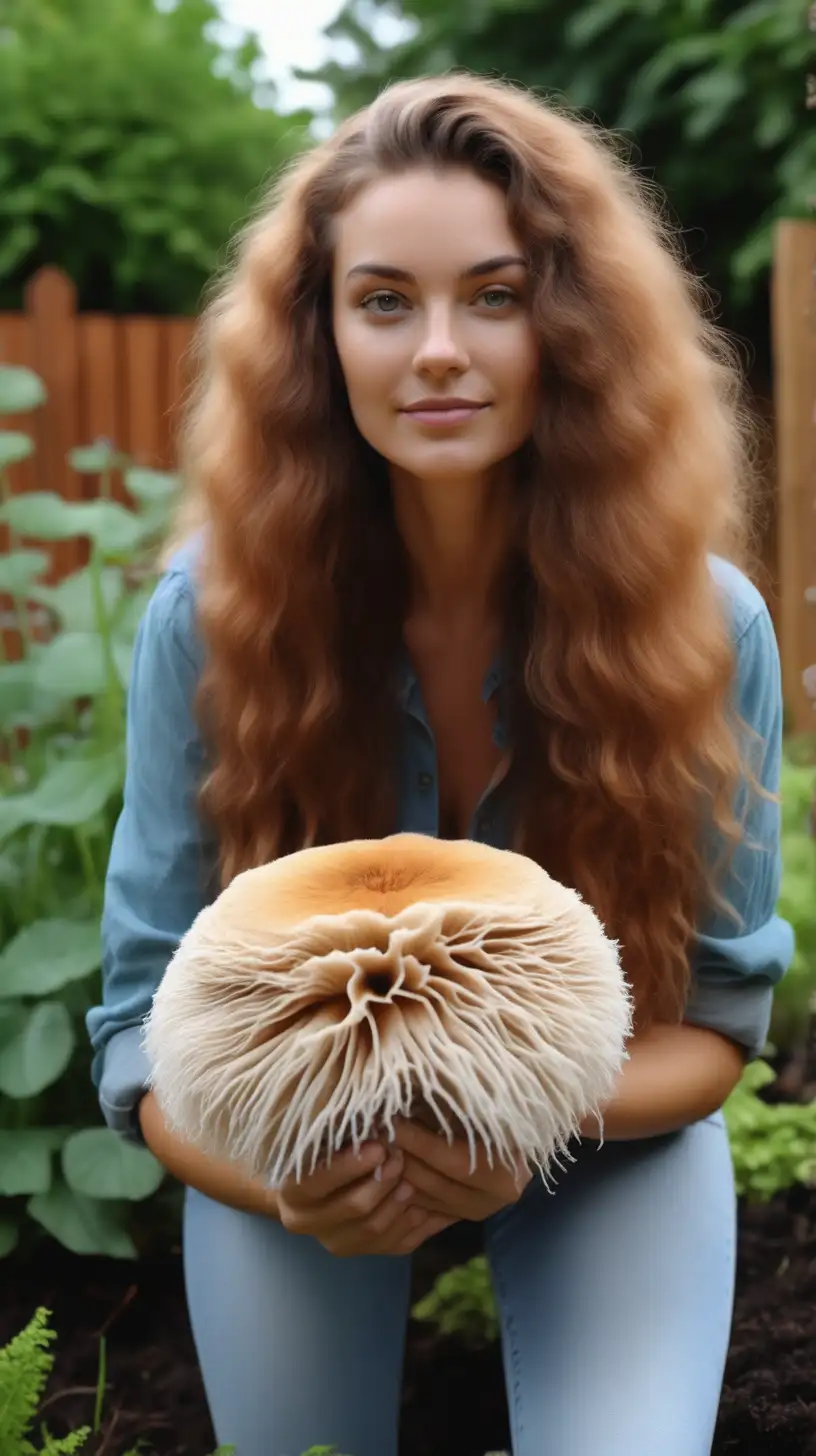 beautiful woman holding a lions mane mushroom in her garden 4k