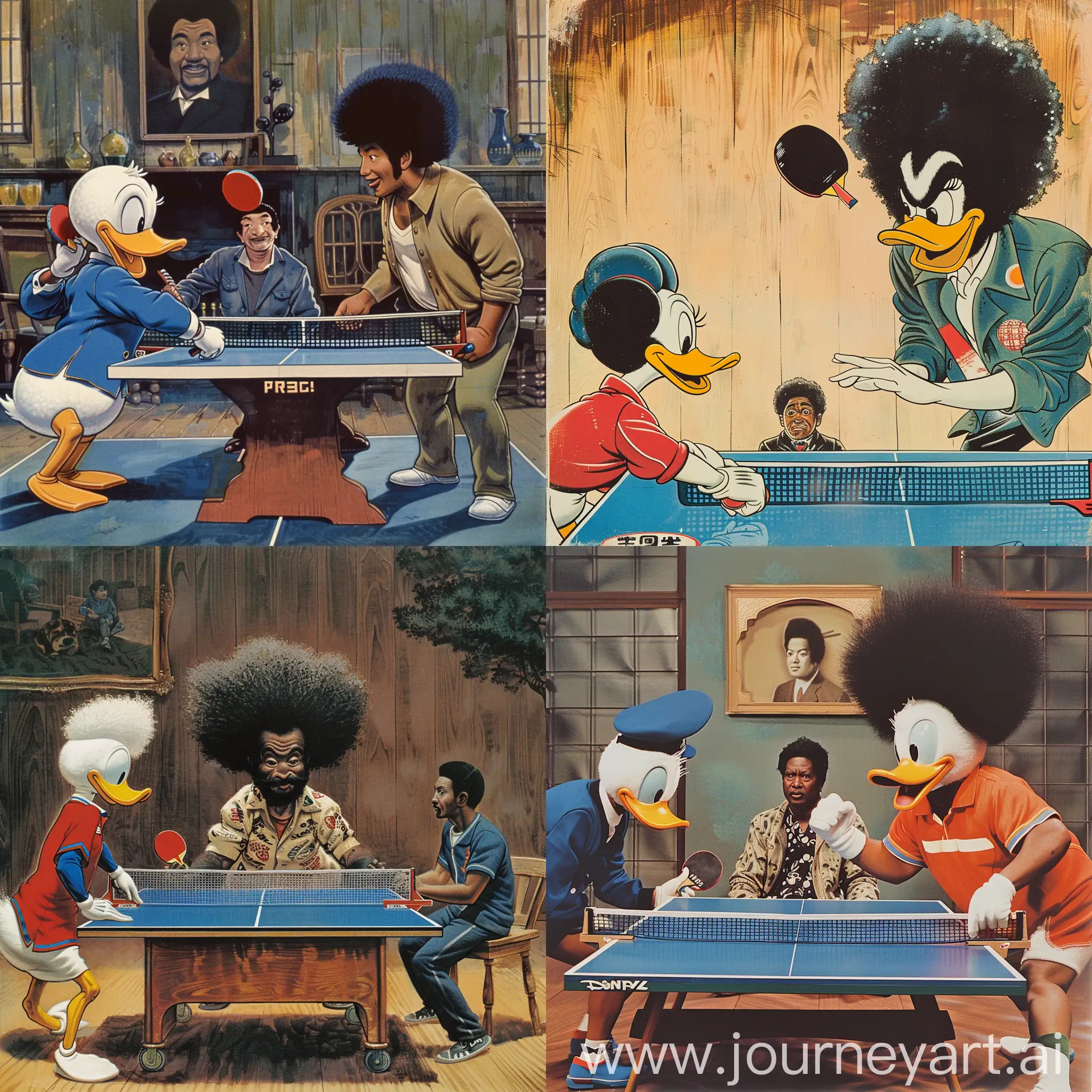 Donald-Duck-Engages-in-Table-Tennis-Match-with-Diverse-Competitors