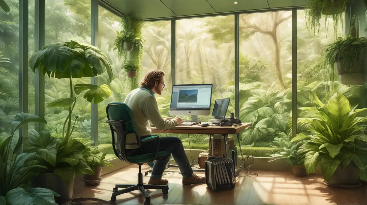 A writer, a man seated behind a computer in a comfortably warm, well-equipped glass room, surrounded by lush greenery outside the windows, creating an inspiring atmosphere.
