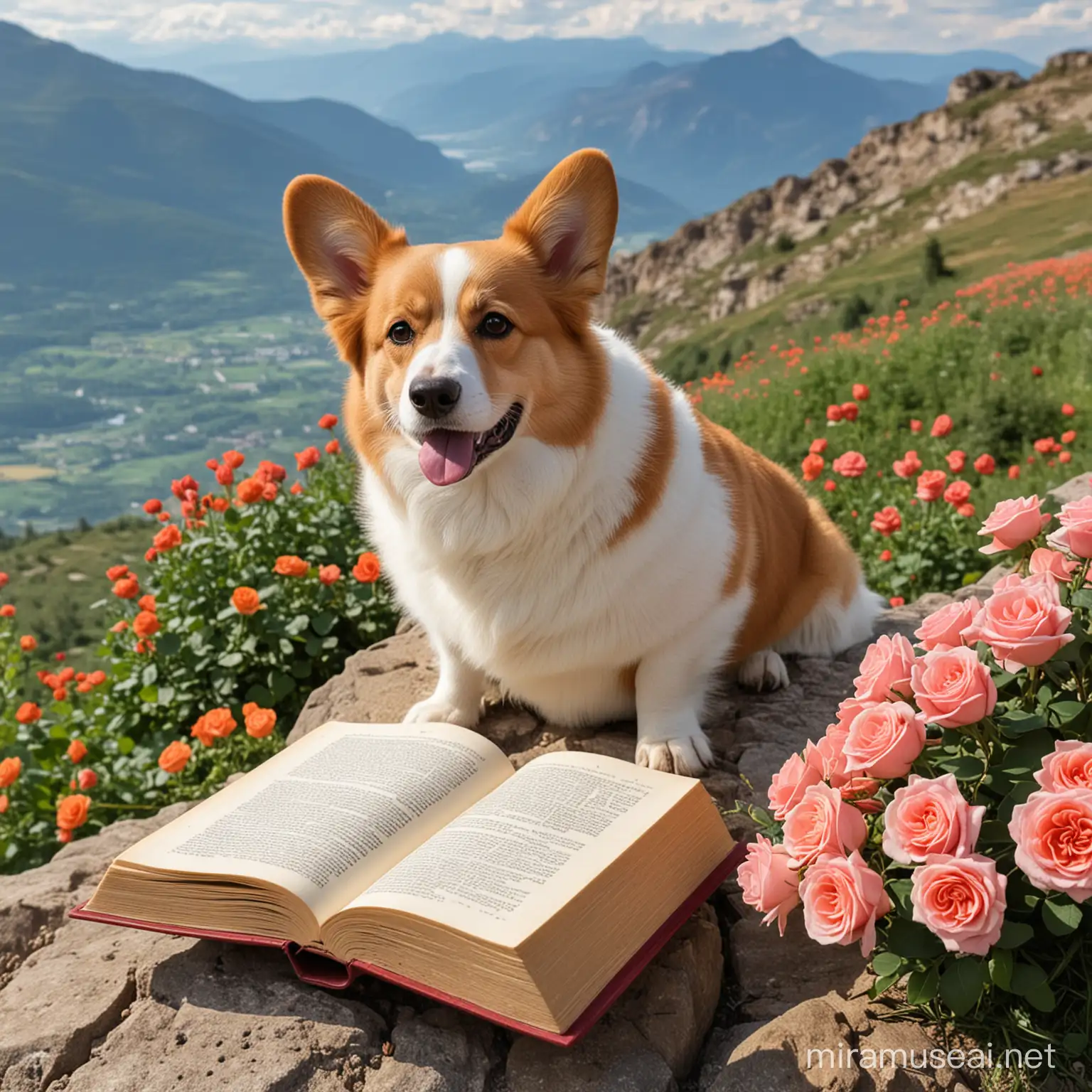 the big dog corgi. He sits on a mountain, Dog is reading a book, mountain full of roses