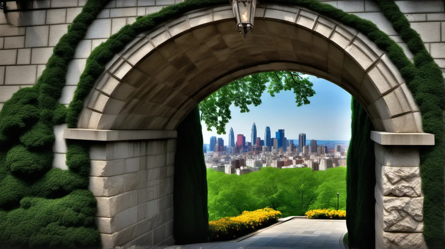 As you stand beneath the gracefully carved stone archway, a breathtaking vista of the city unfolds before your eyes. The arch frames the scene like a natural border, drawing your attention to the lively canvas of springtime hues beyond