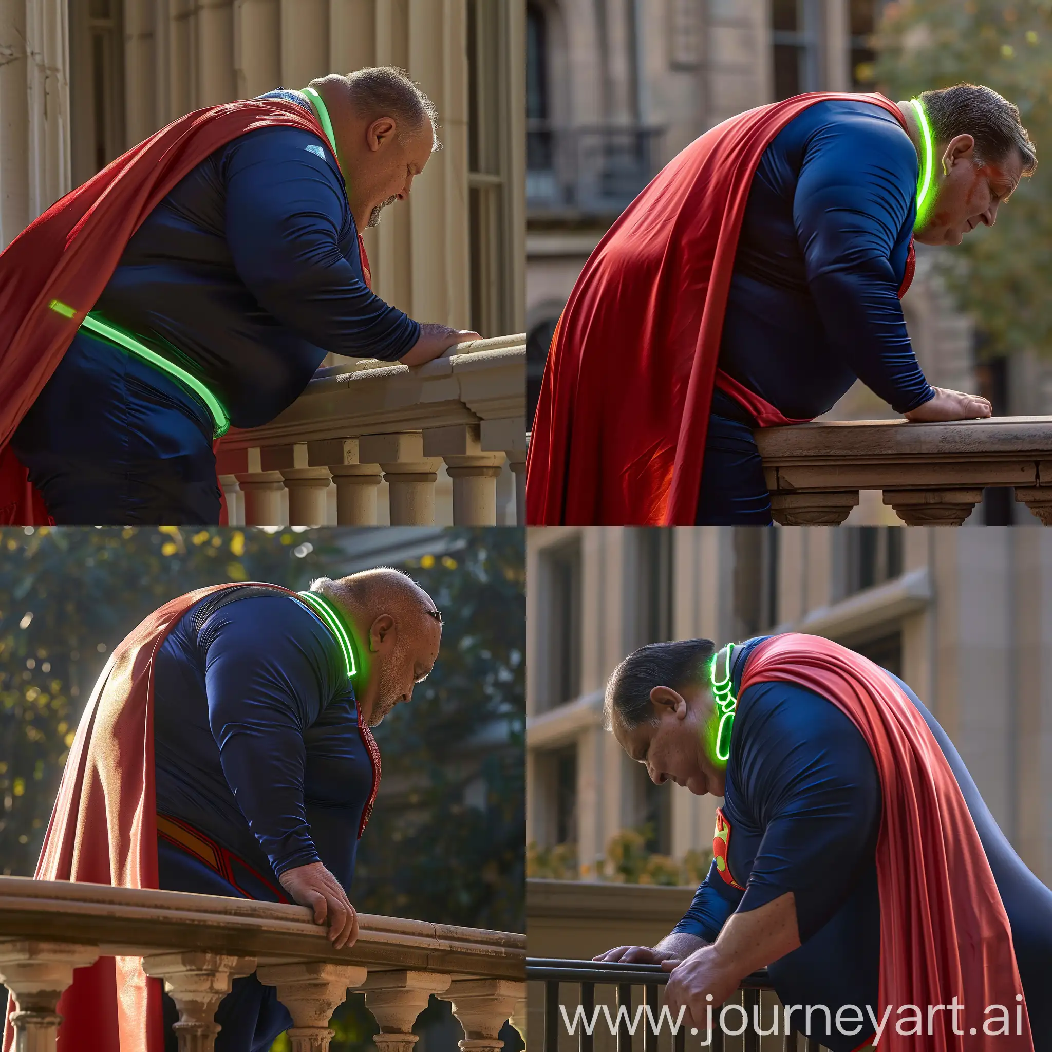Side view photo of a fat man aged 60 wearing silk navy blue tight superman costume with a large red cape and a tight green glowing neon dog collar around his neck. Bending forward over a balustrade. Outside. Natural light. --style raw --ar 1:1