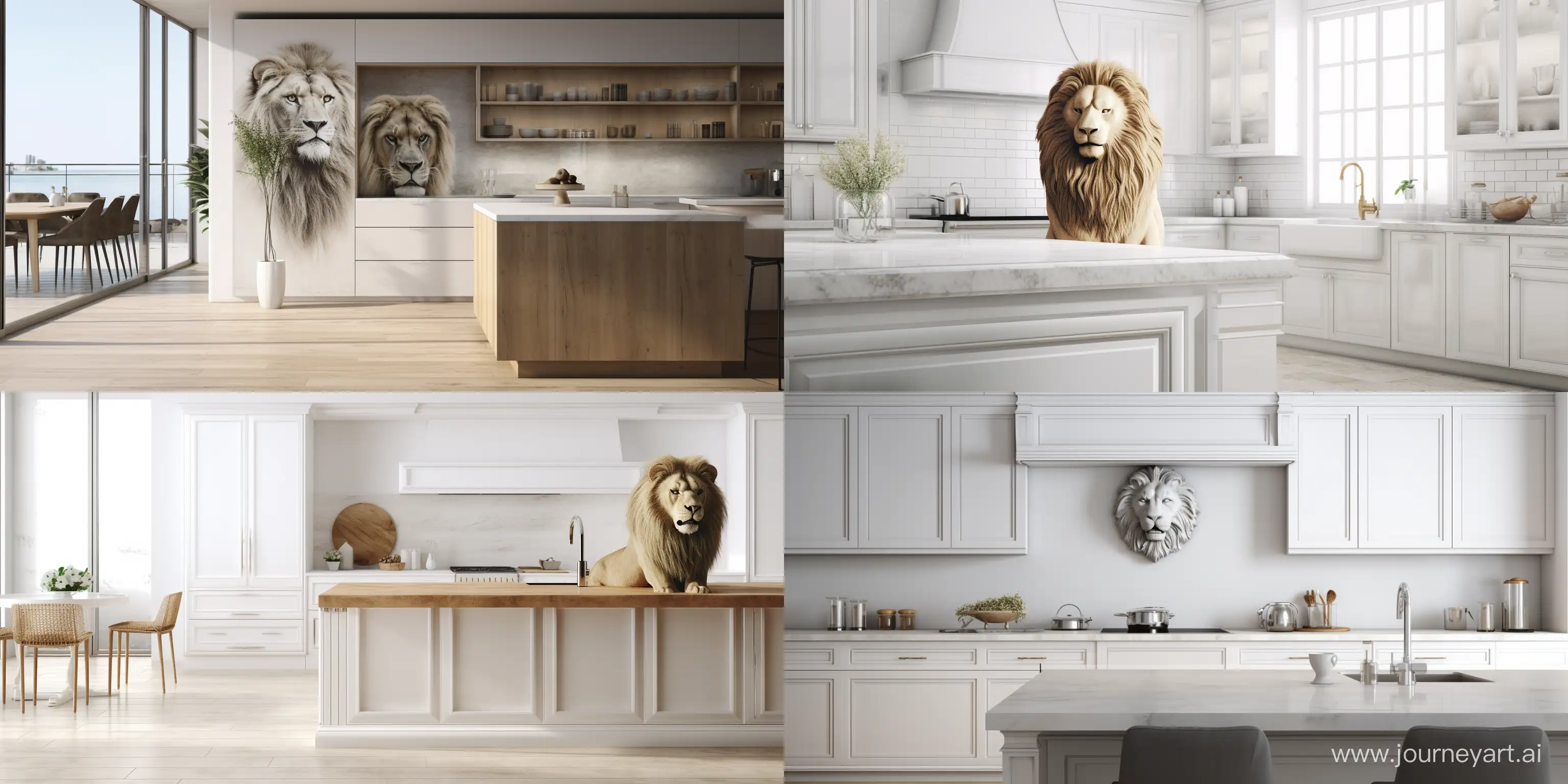 A beautiful lion stands in a white kitchen. Modern RTA kitchen cabinets, high quality, high expansion, high detail, natural light, HD quality --ar 2:1