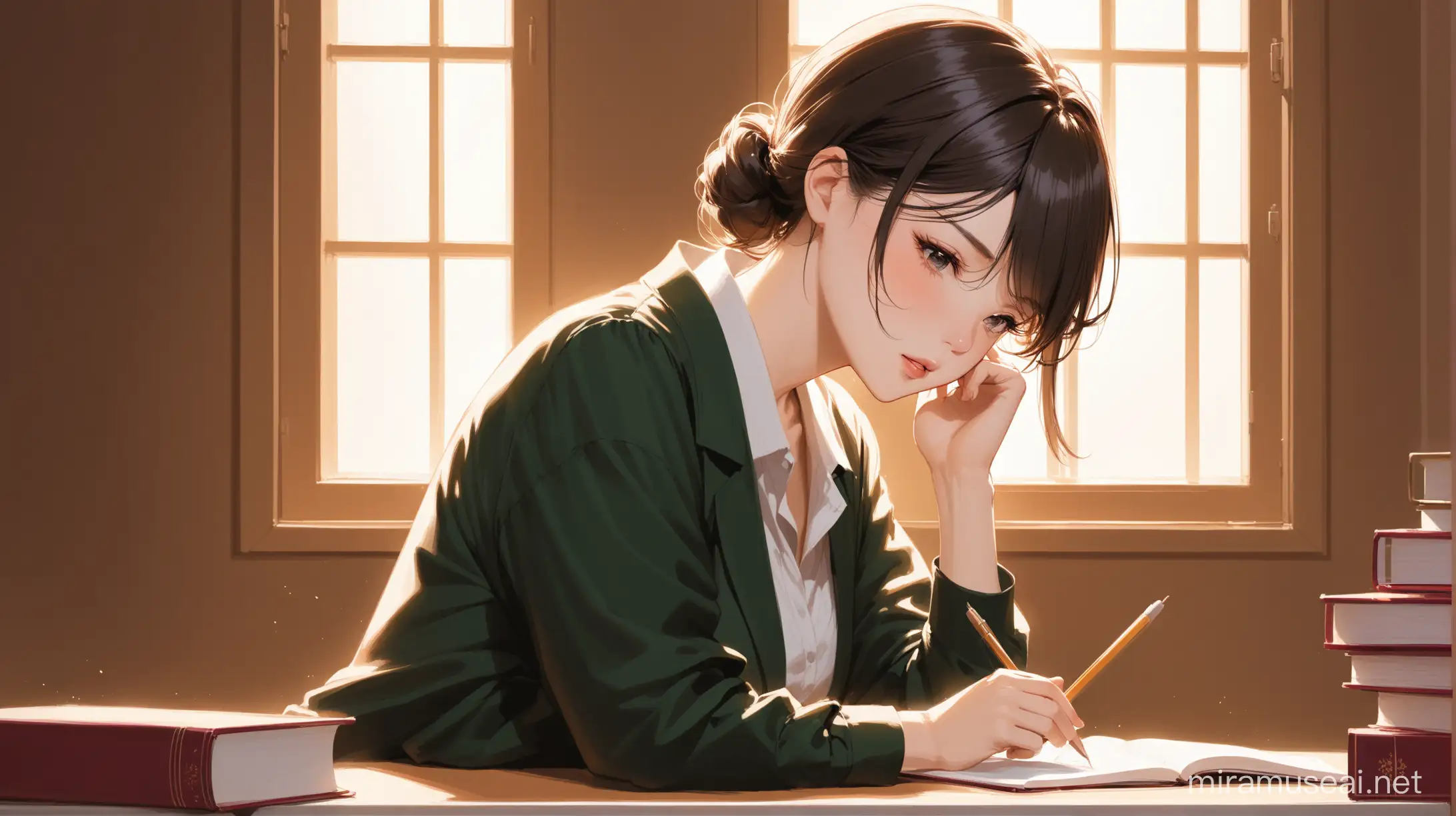 Serene Woman Engrossed in Her Evening Study Session